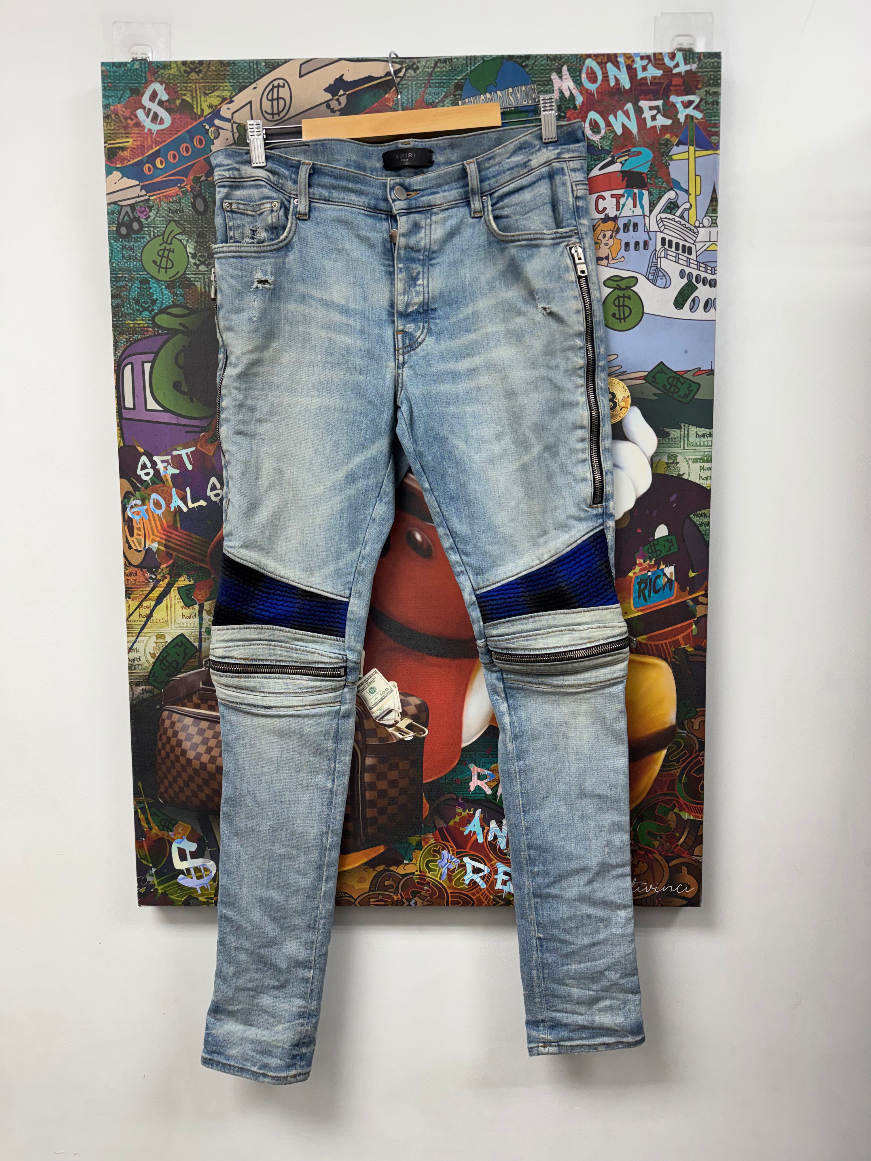 Amiri Light Wash Blue Black Plaid Patch Jeans