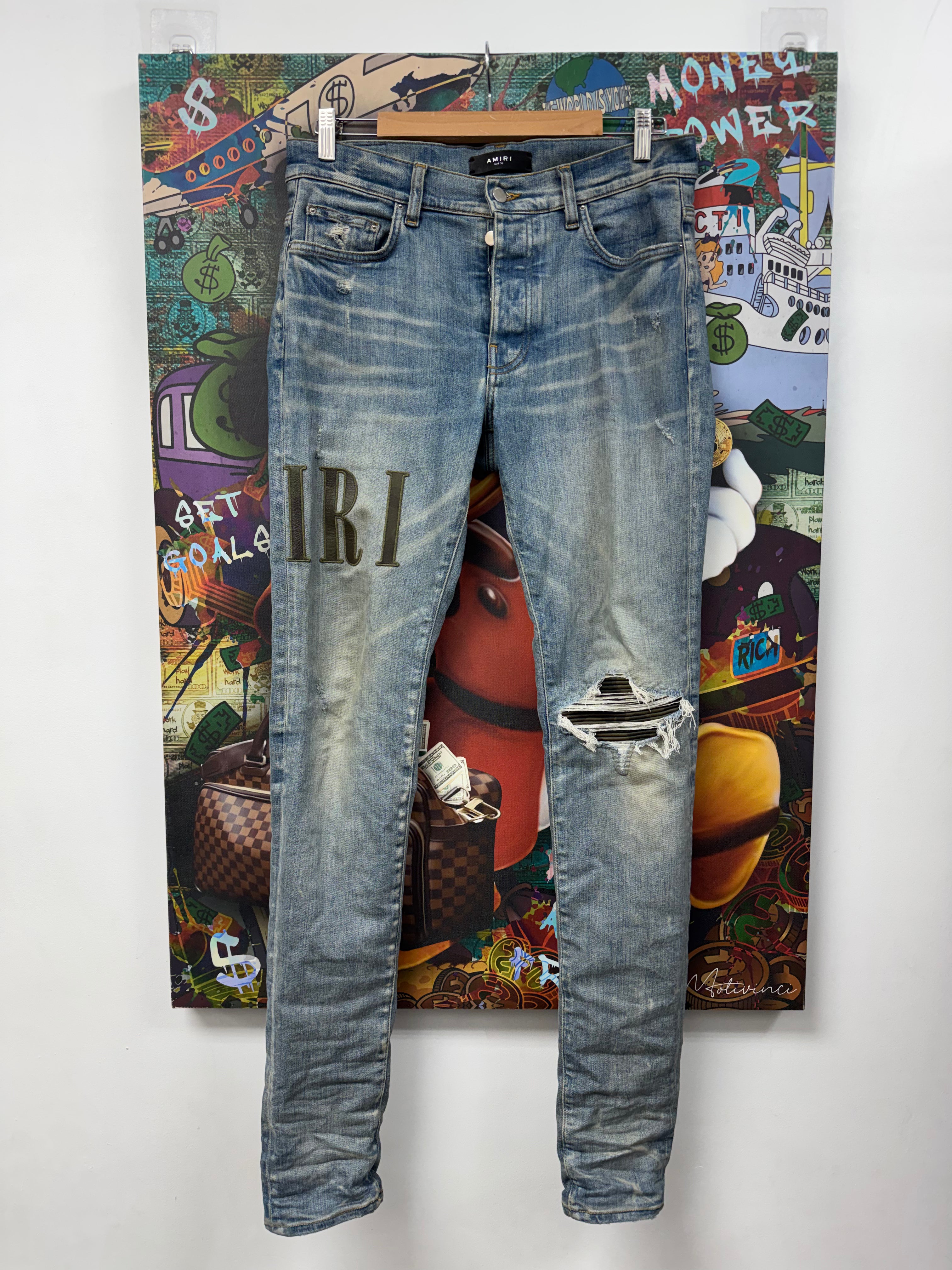 Amiri Light Wash Camo Side Logo Jeans
