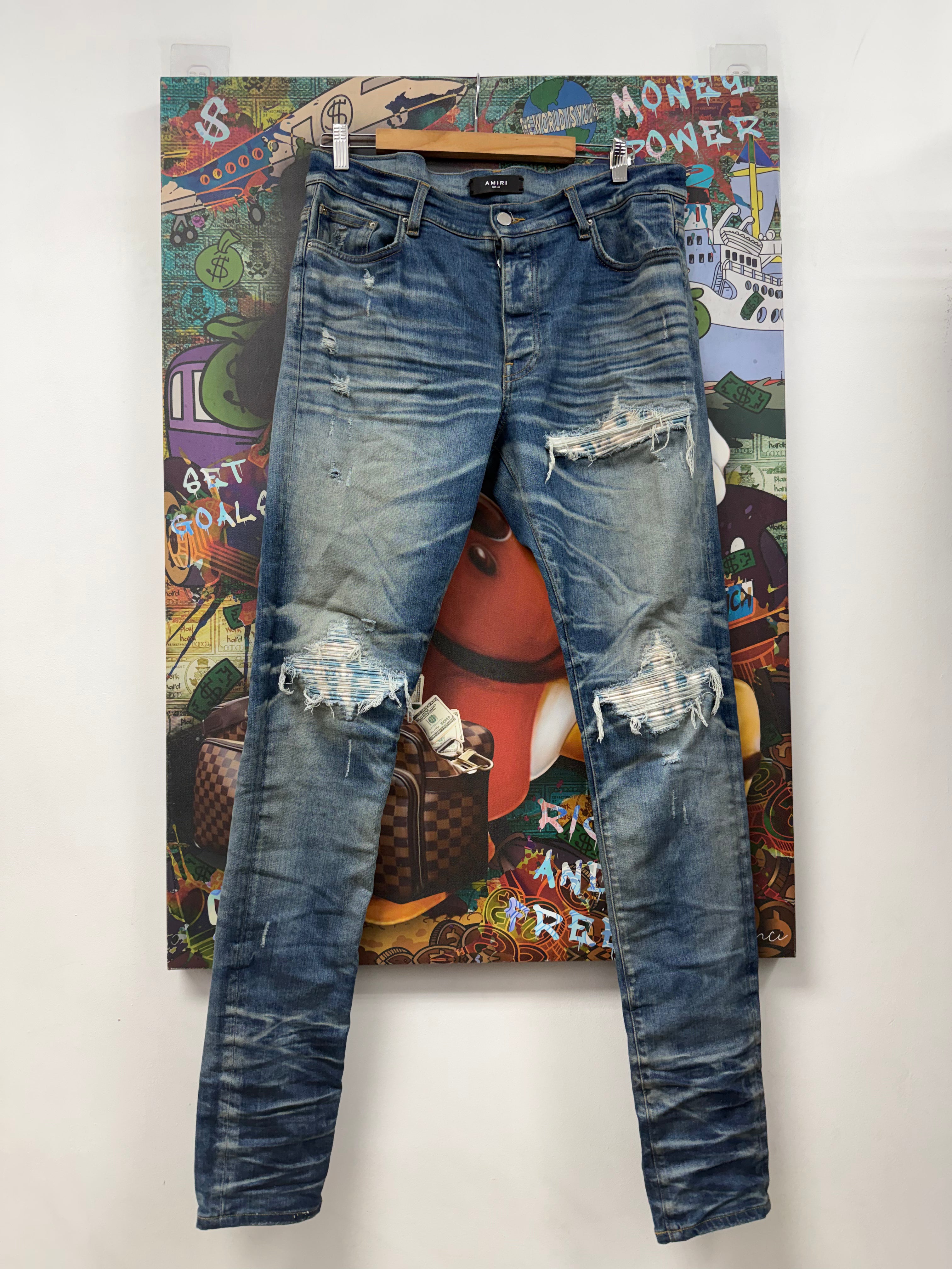 Amiri MX1 Light Wash Honeycomb Tie Dye Patch Jeans