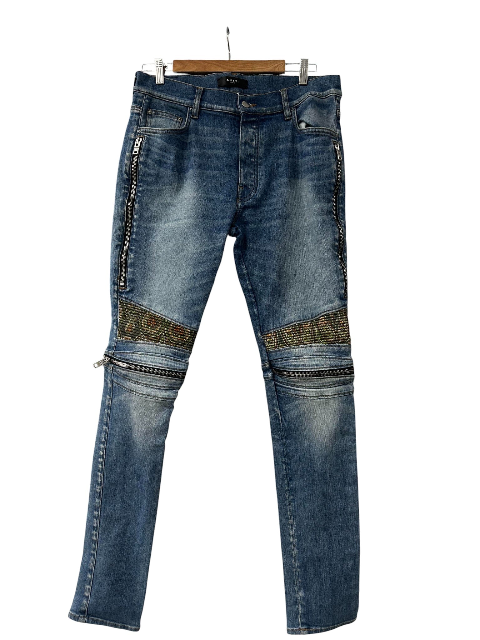 Amiri MX2 Light Wash, Green & Orange Paisley Patch Jeans
