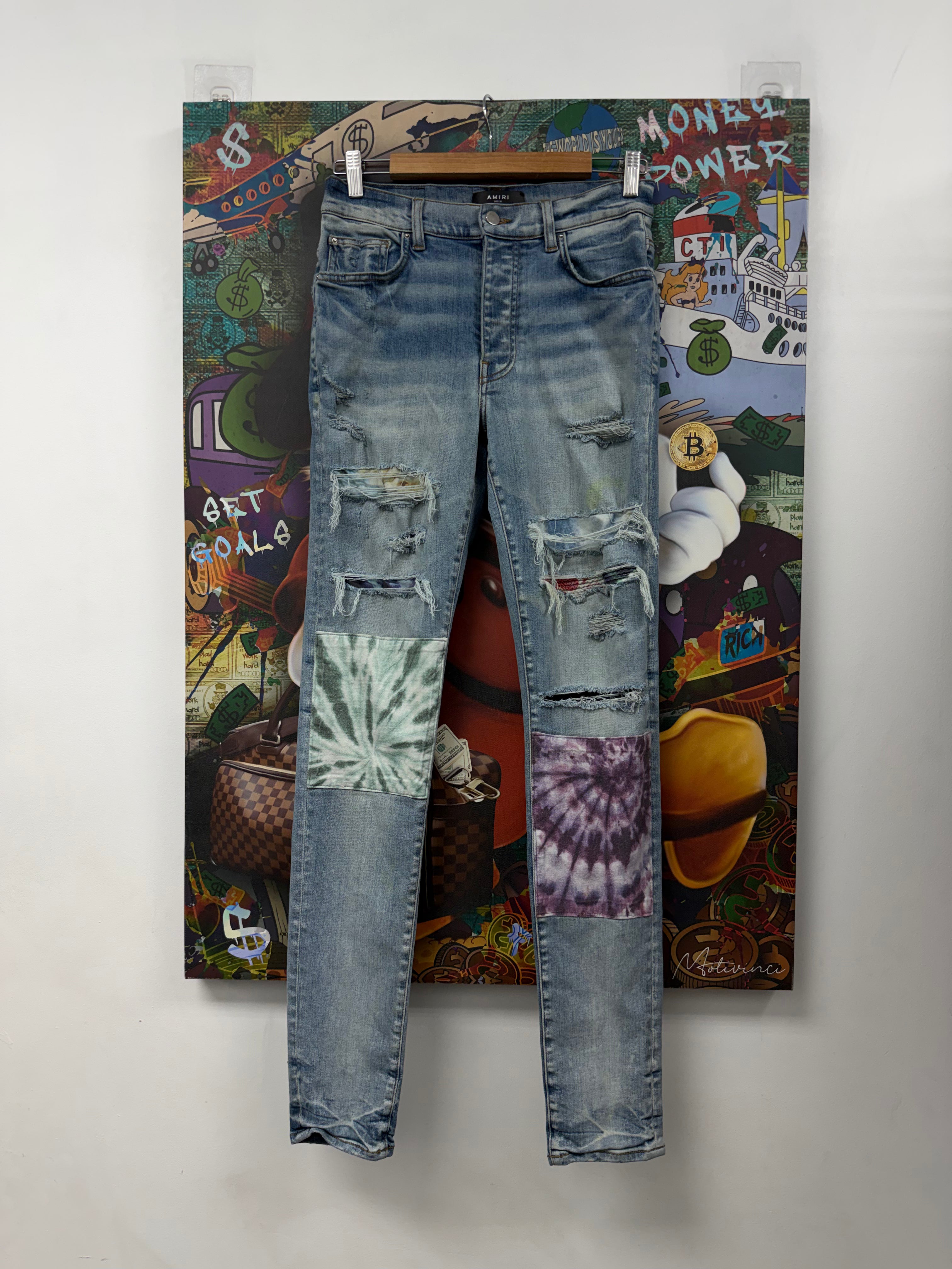 Amiri Light Wash Tie Dye Patchwork Jeans