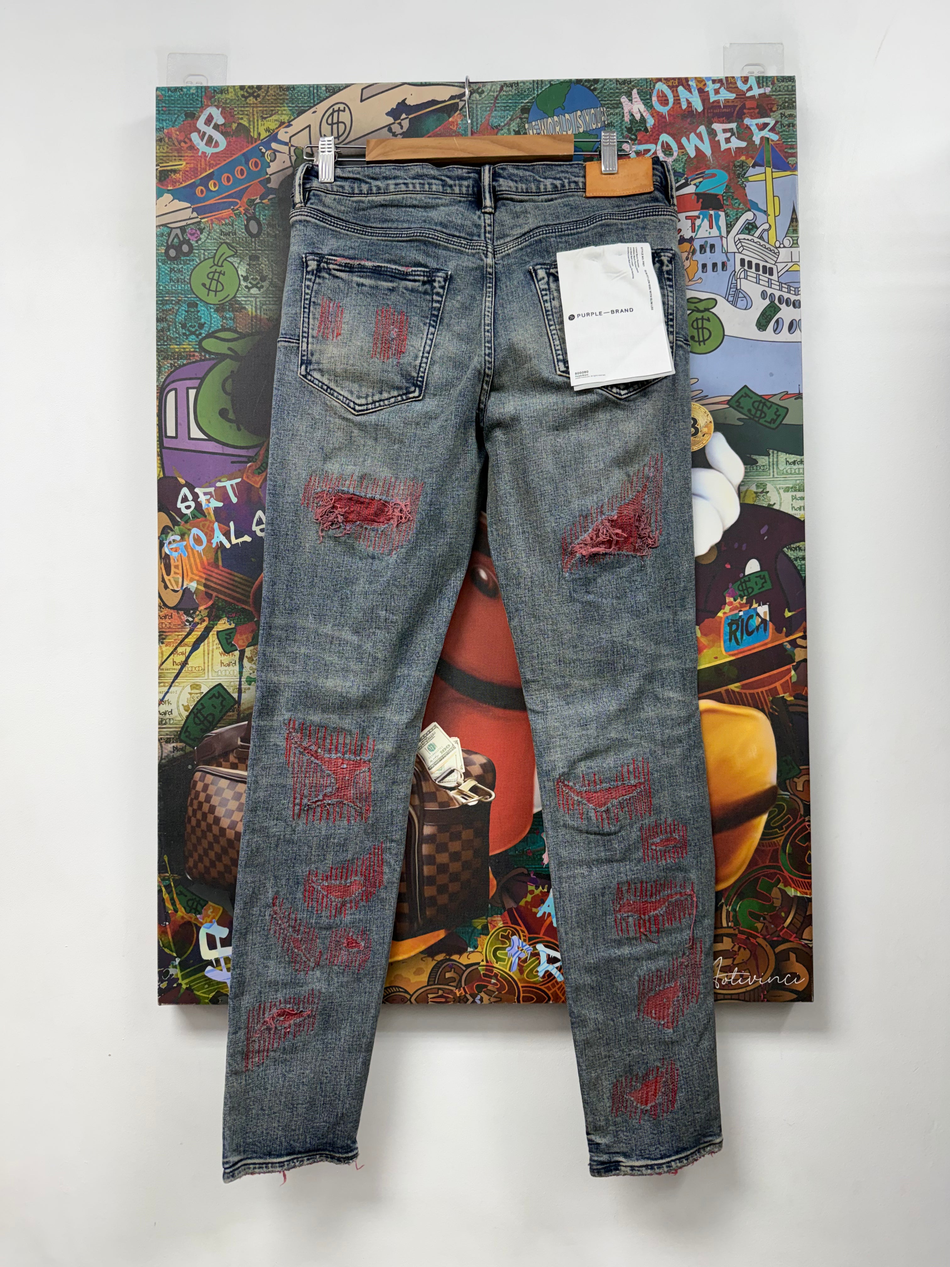 Purple Brand LIght Wash Red Distressed P001 Jeans