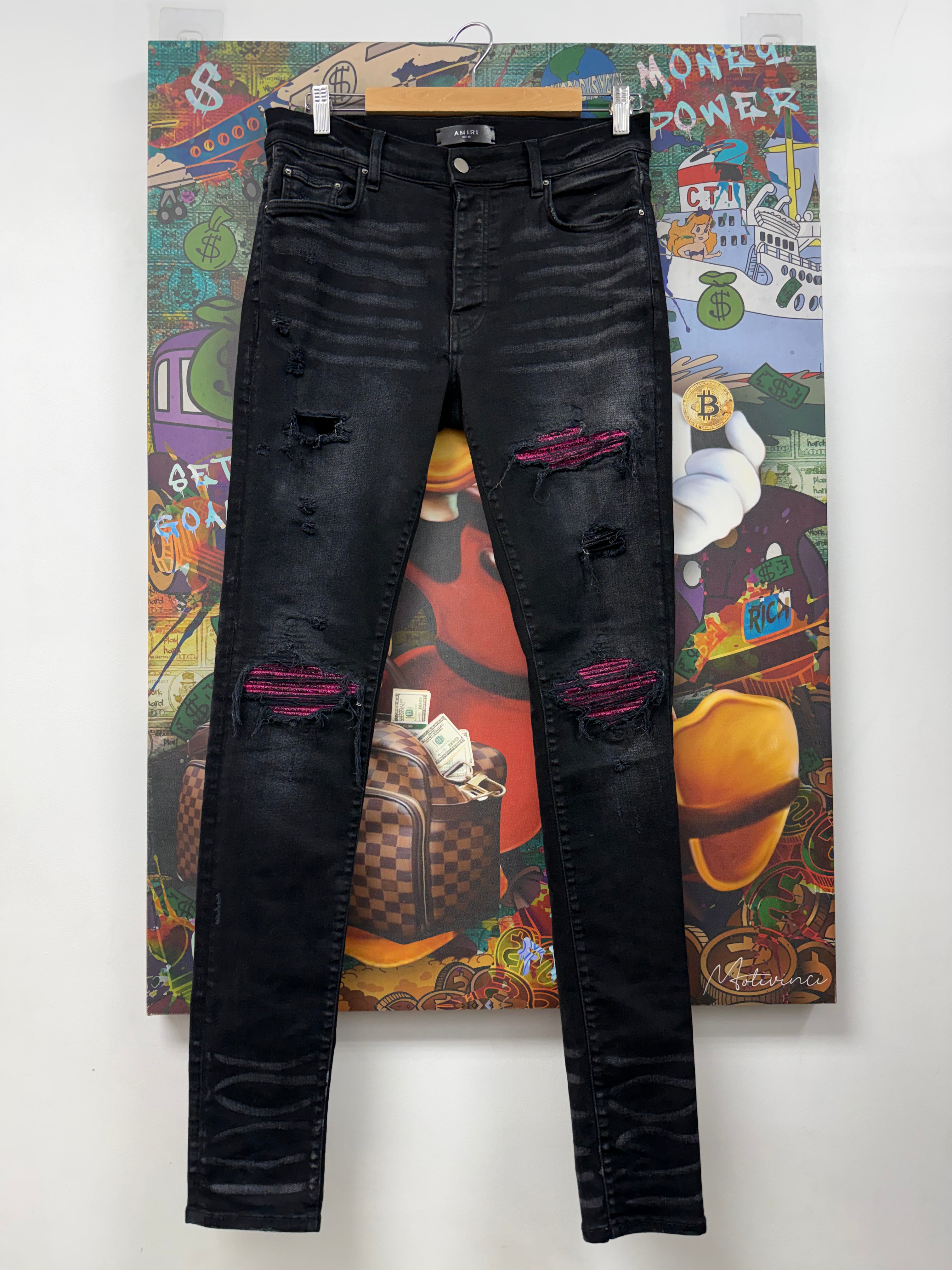 Amiri MX1 Black Wash Pink Crackle Patch Jeans