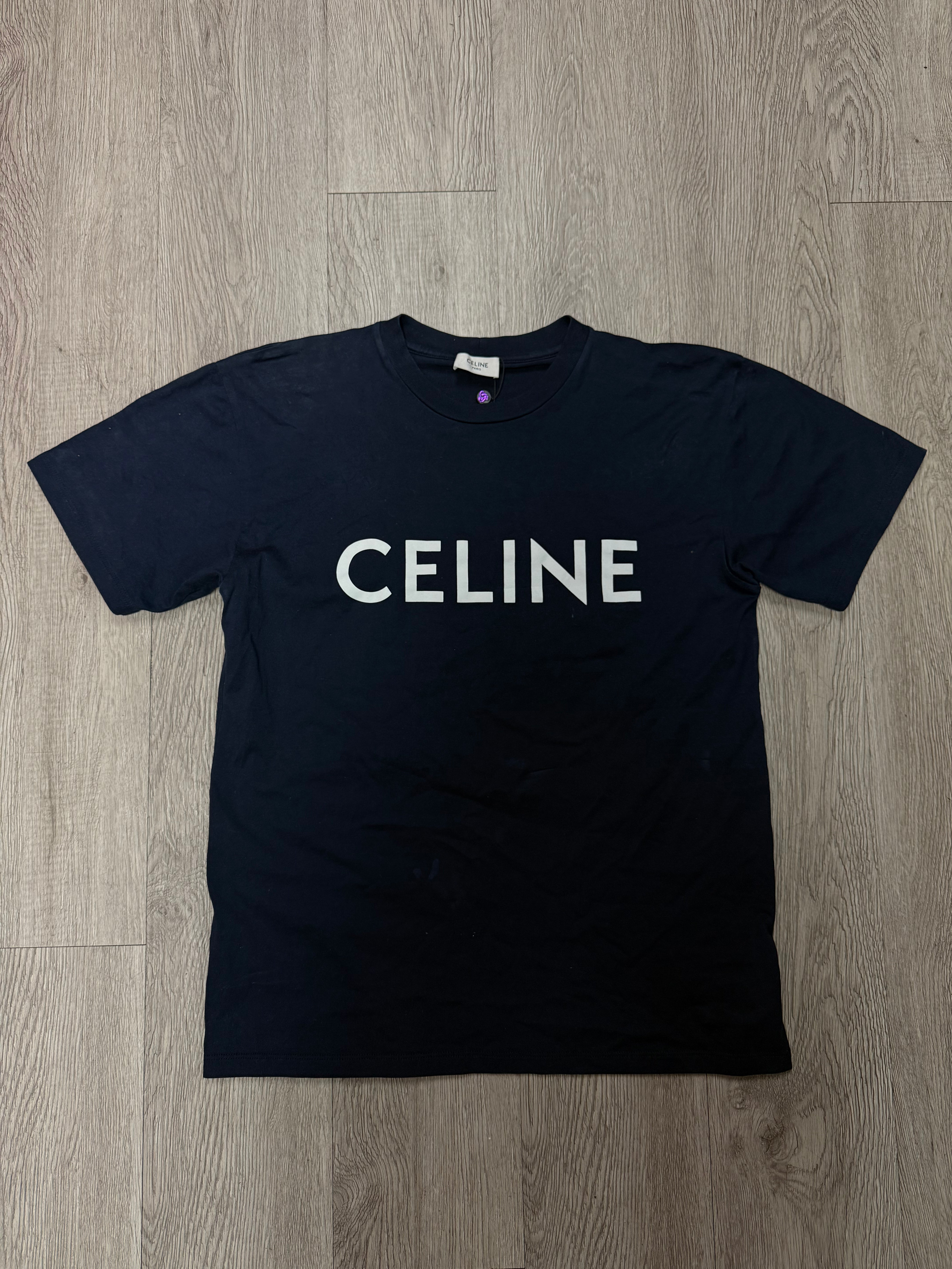Celine Navy White Spellout Tee