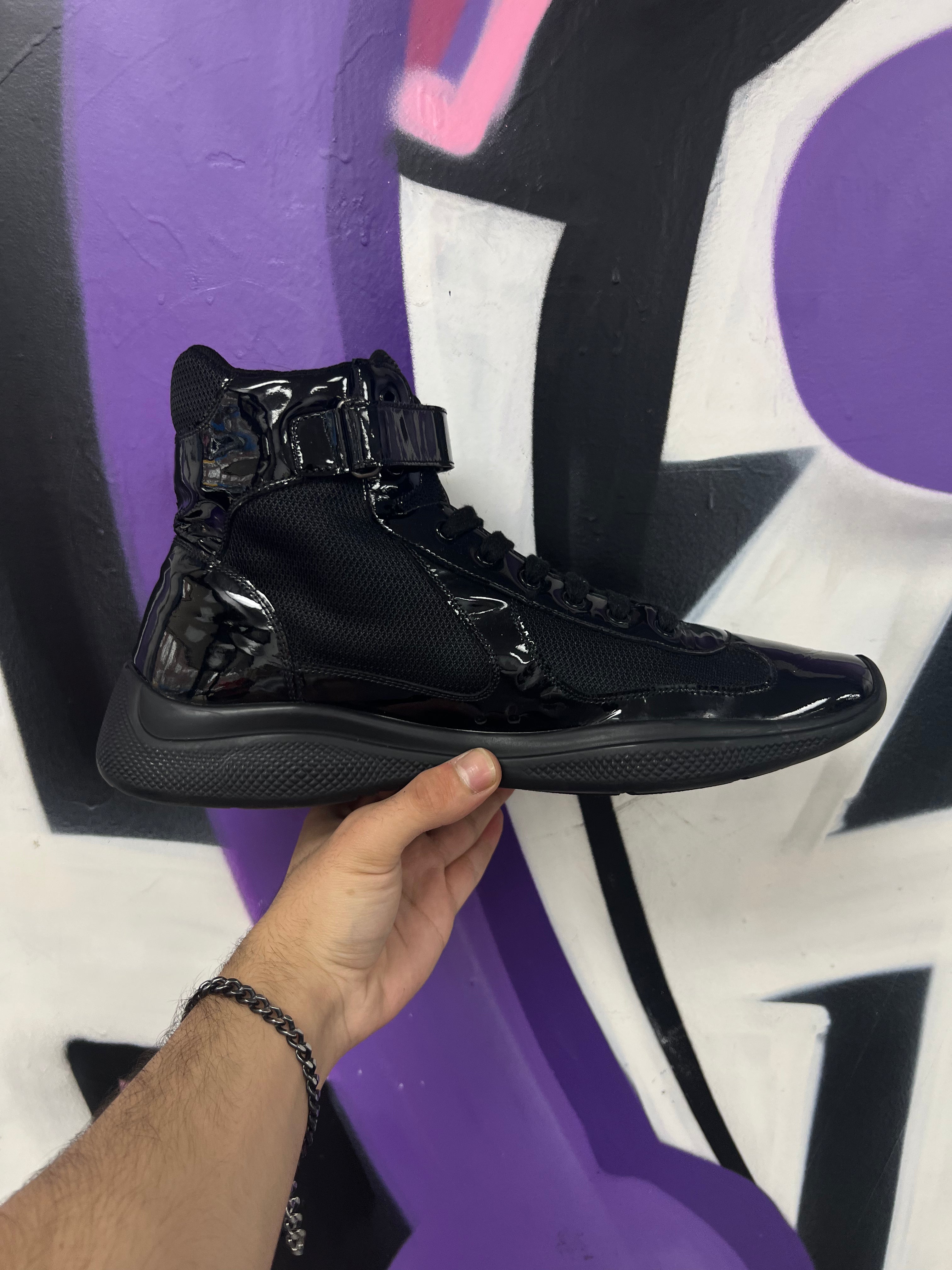 Prada Black Patent Leather Cup Hi Sneakers