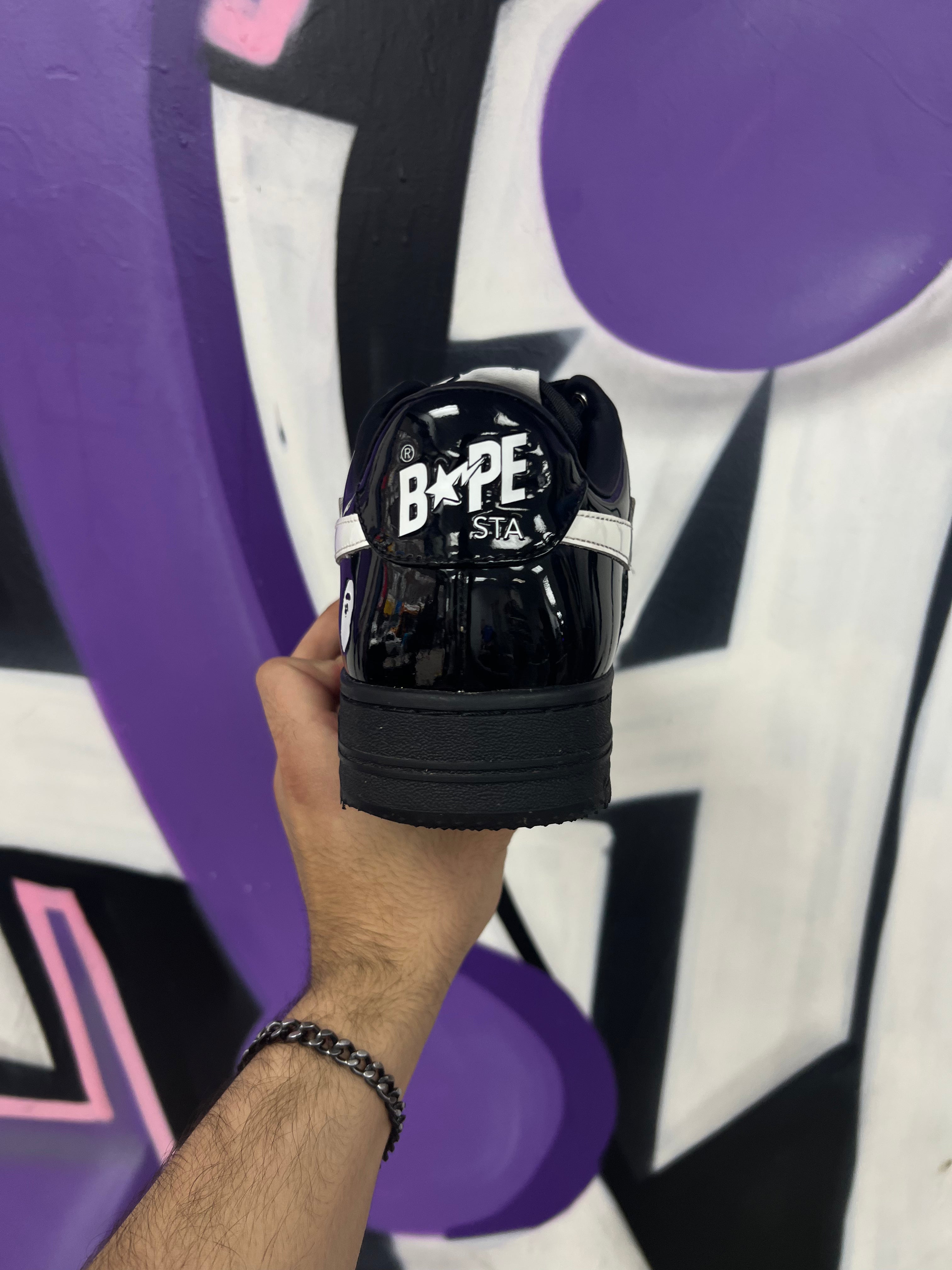 BAPE Black White Patent Leather Sneakers