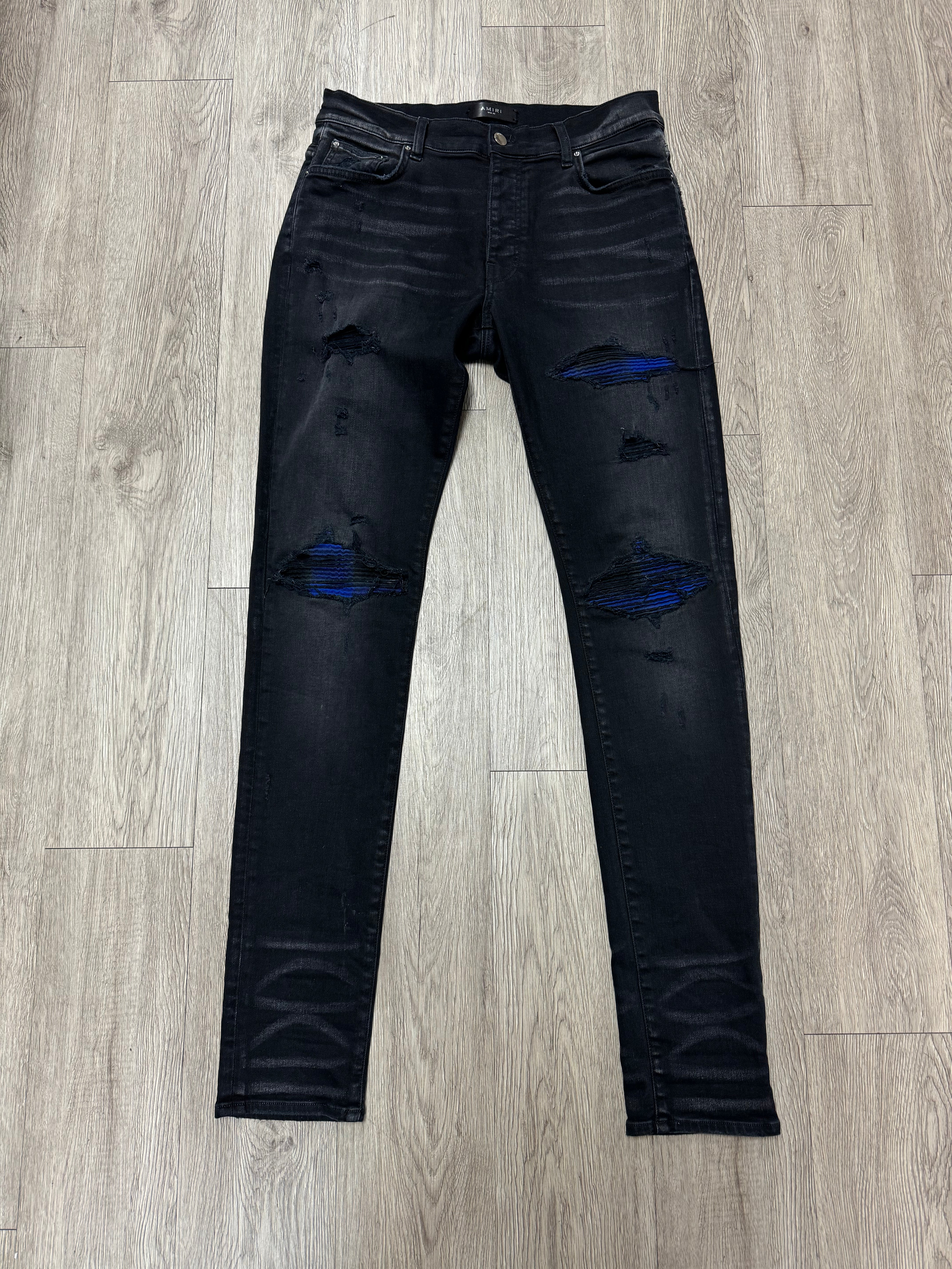 Amiri MX1 Black Blue Flannel Patch Jeans
