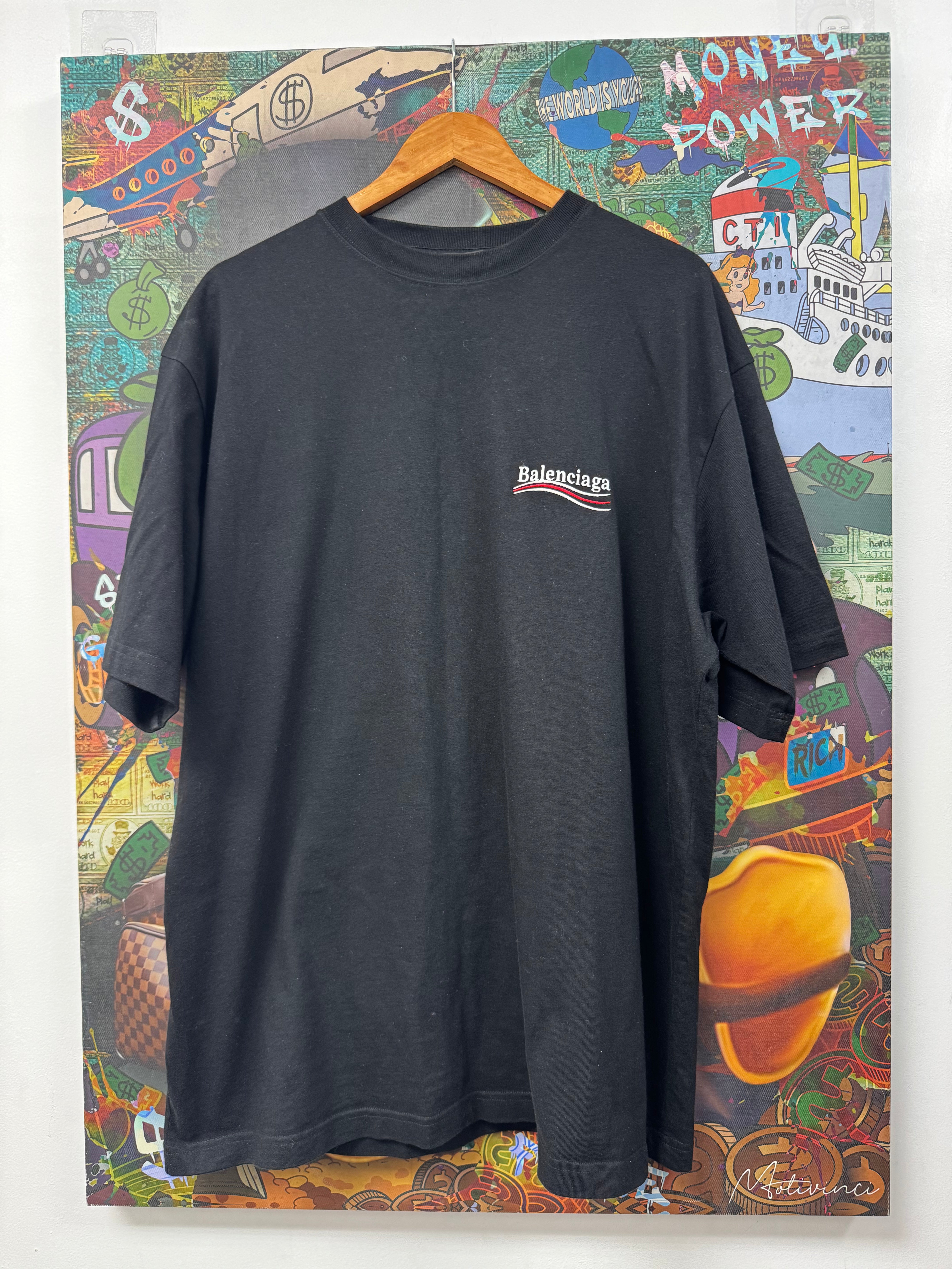 Balenciaga Black Embroidered Campaign Logo Tee