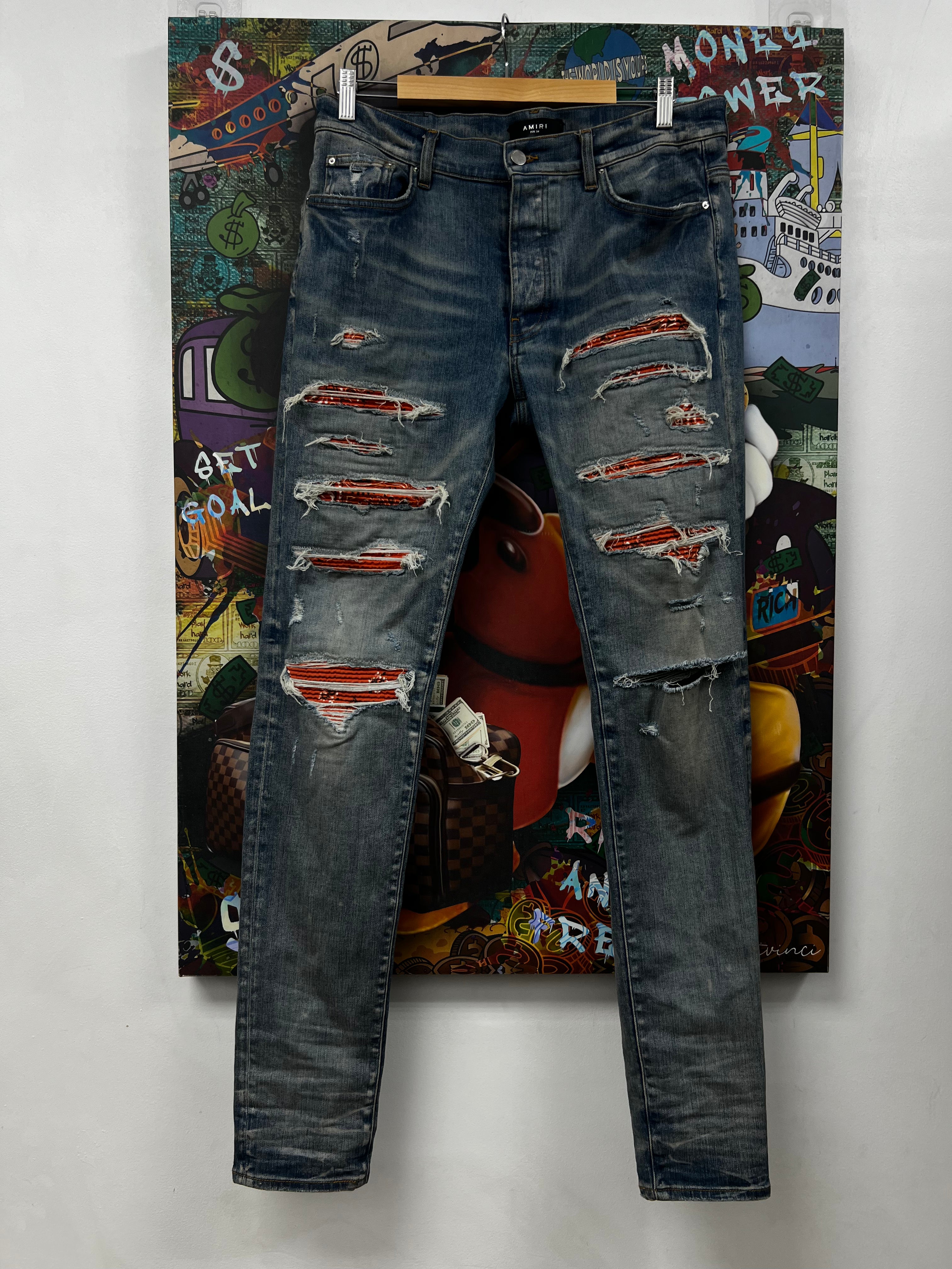 Amiri Light Wash Orange Paisley Patchwork Jeans