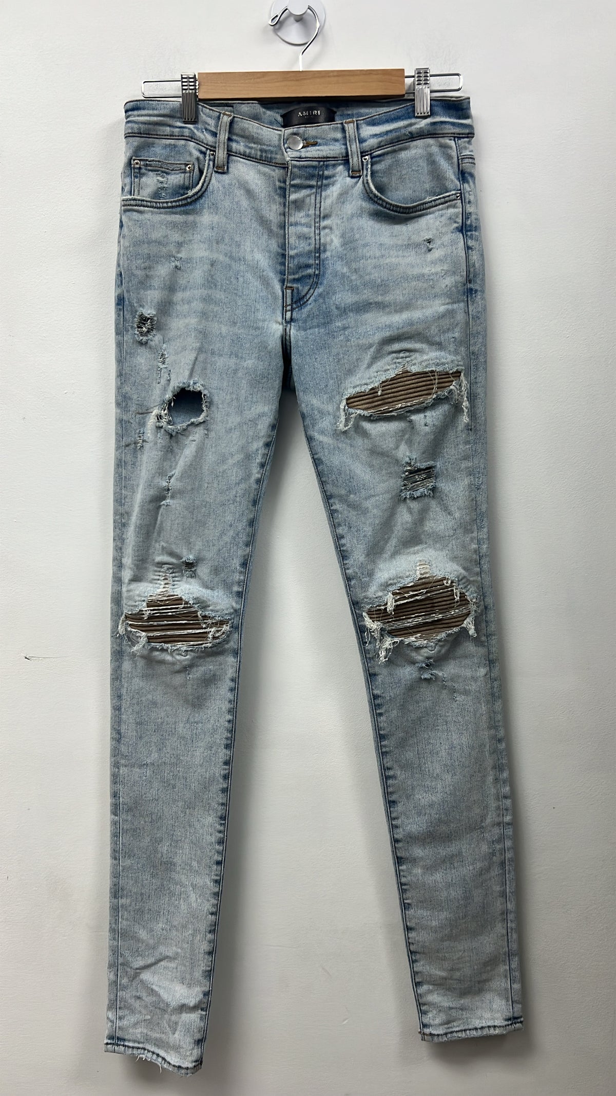 Amiri MX1 Light Wash Tan Suede Patch Jeans