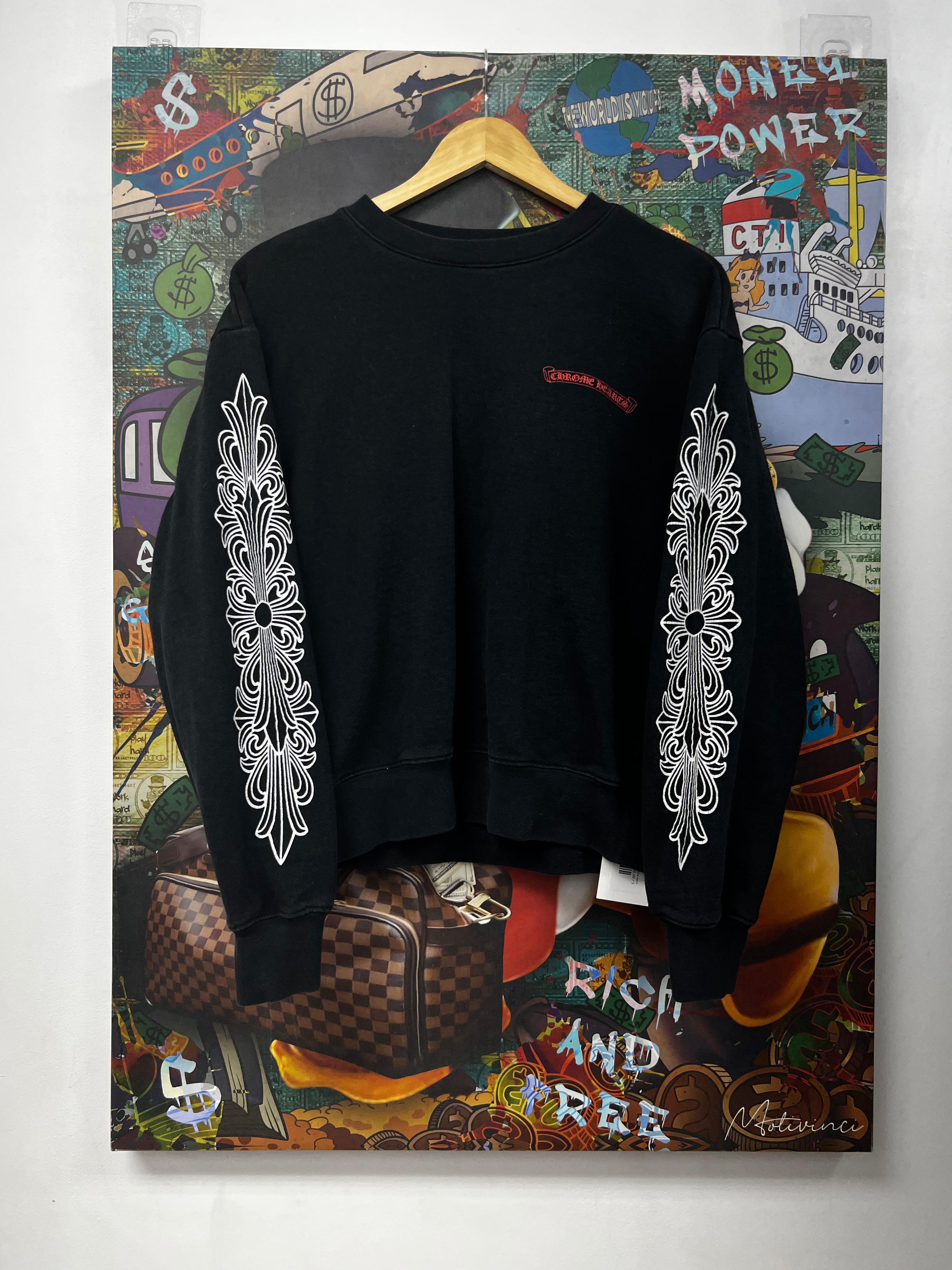 Chrome Hearts Black Matty Boy Floral Sleeve Chomper Crewneck