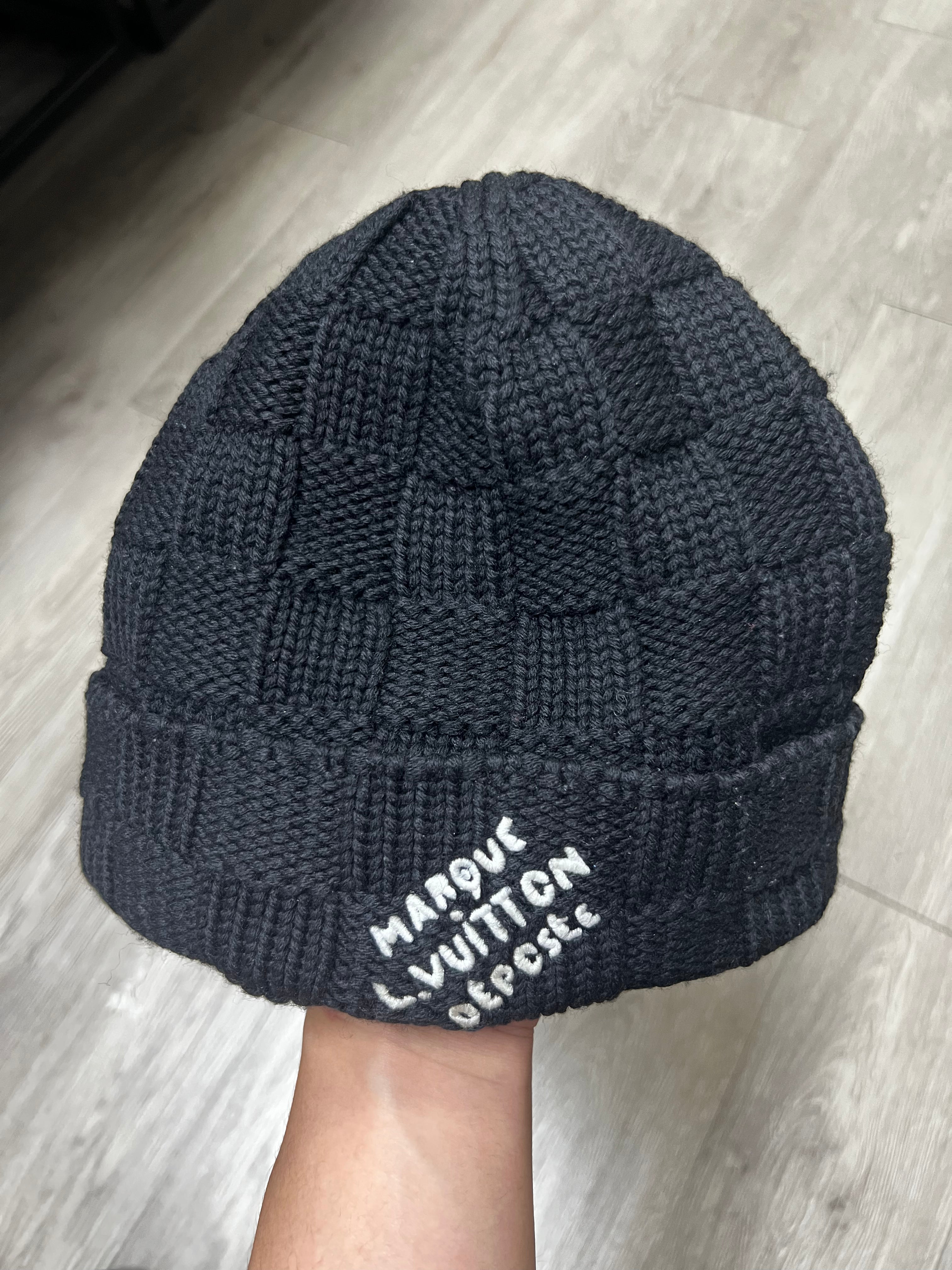Louis Vuitton Black Knit Checkered Marque Beanie