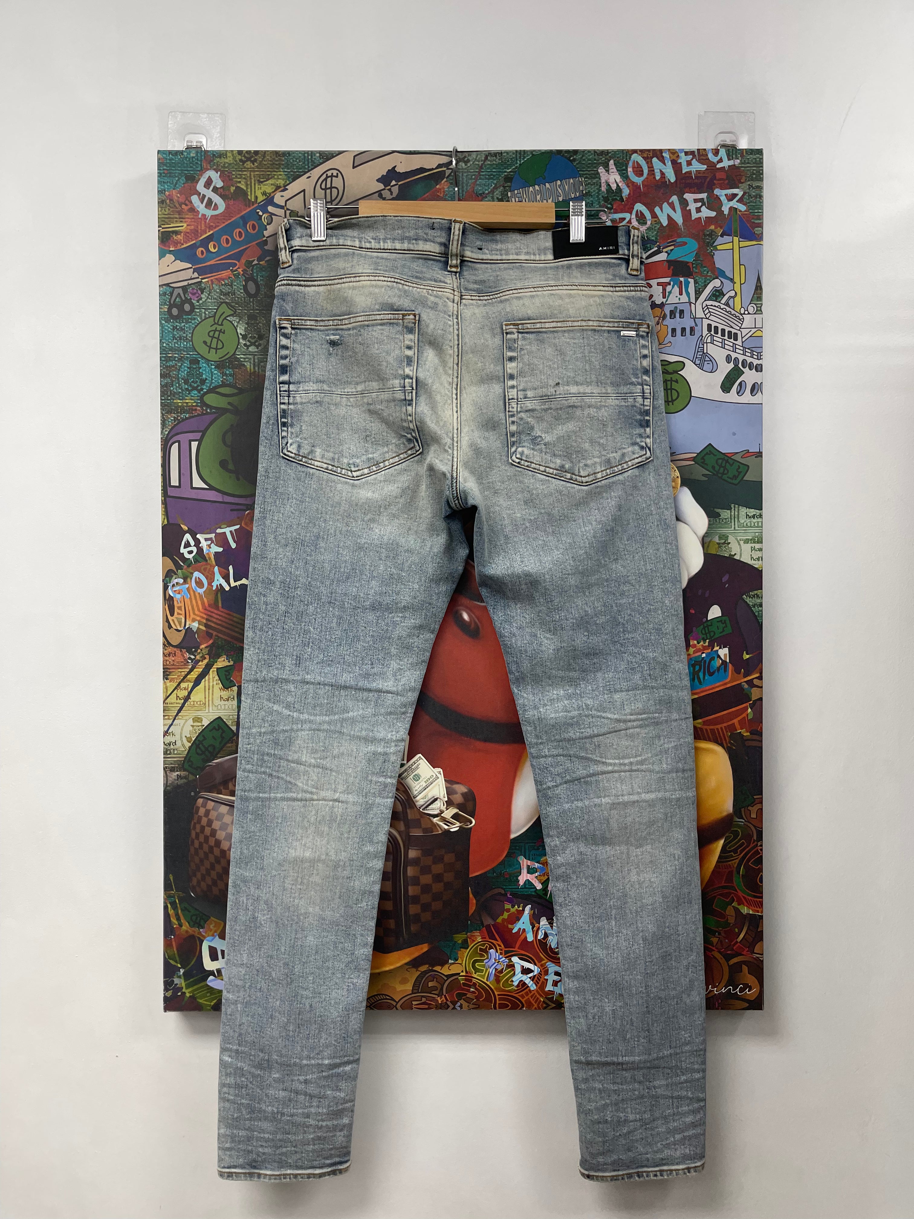 Amiri Stone Wash Black Leather Thrasher Patch Jeans