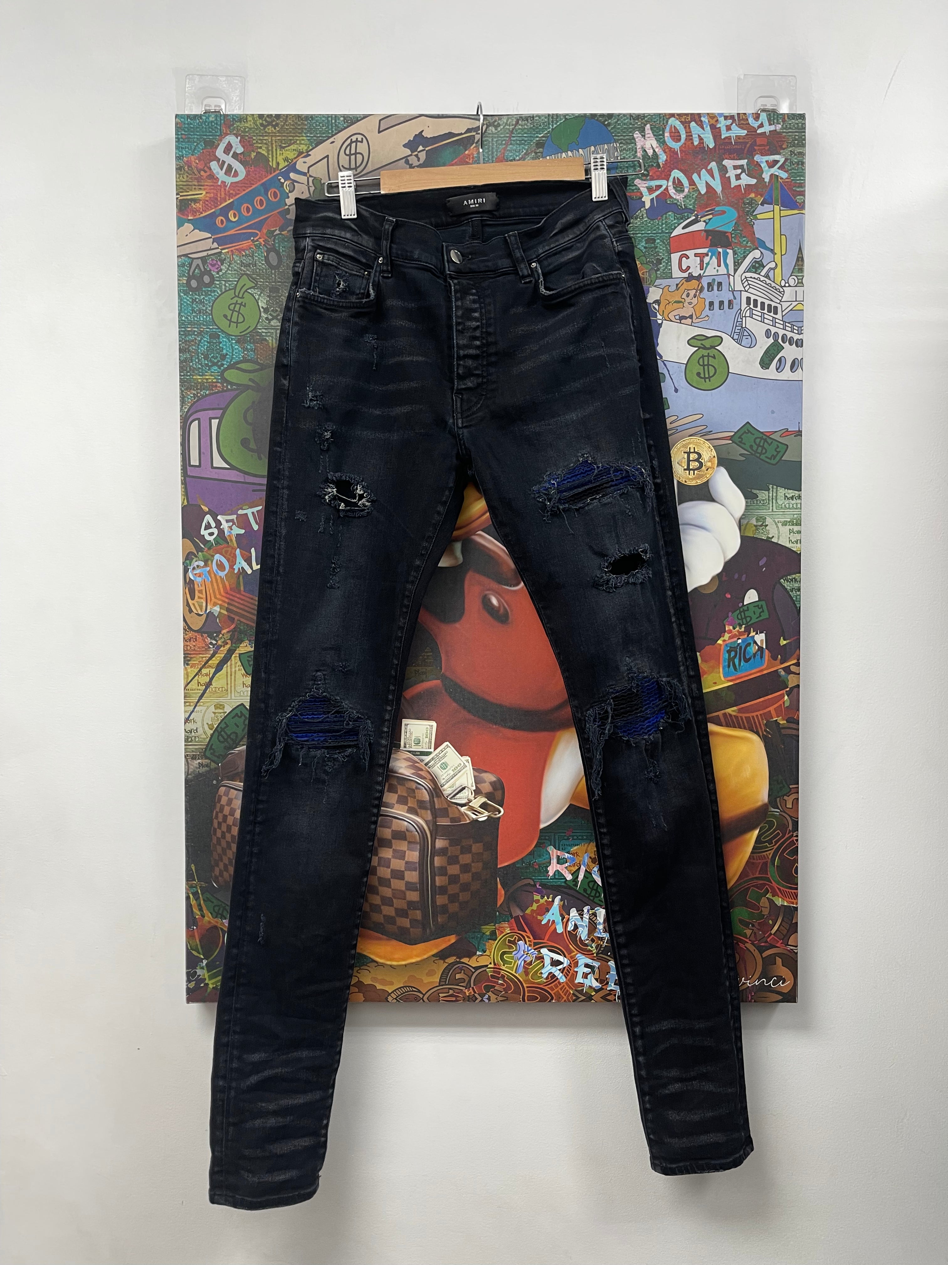 Amiri MX1 Black Wash Blue Black Flannel Patch Jeans