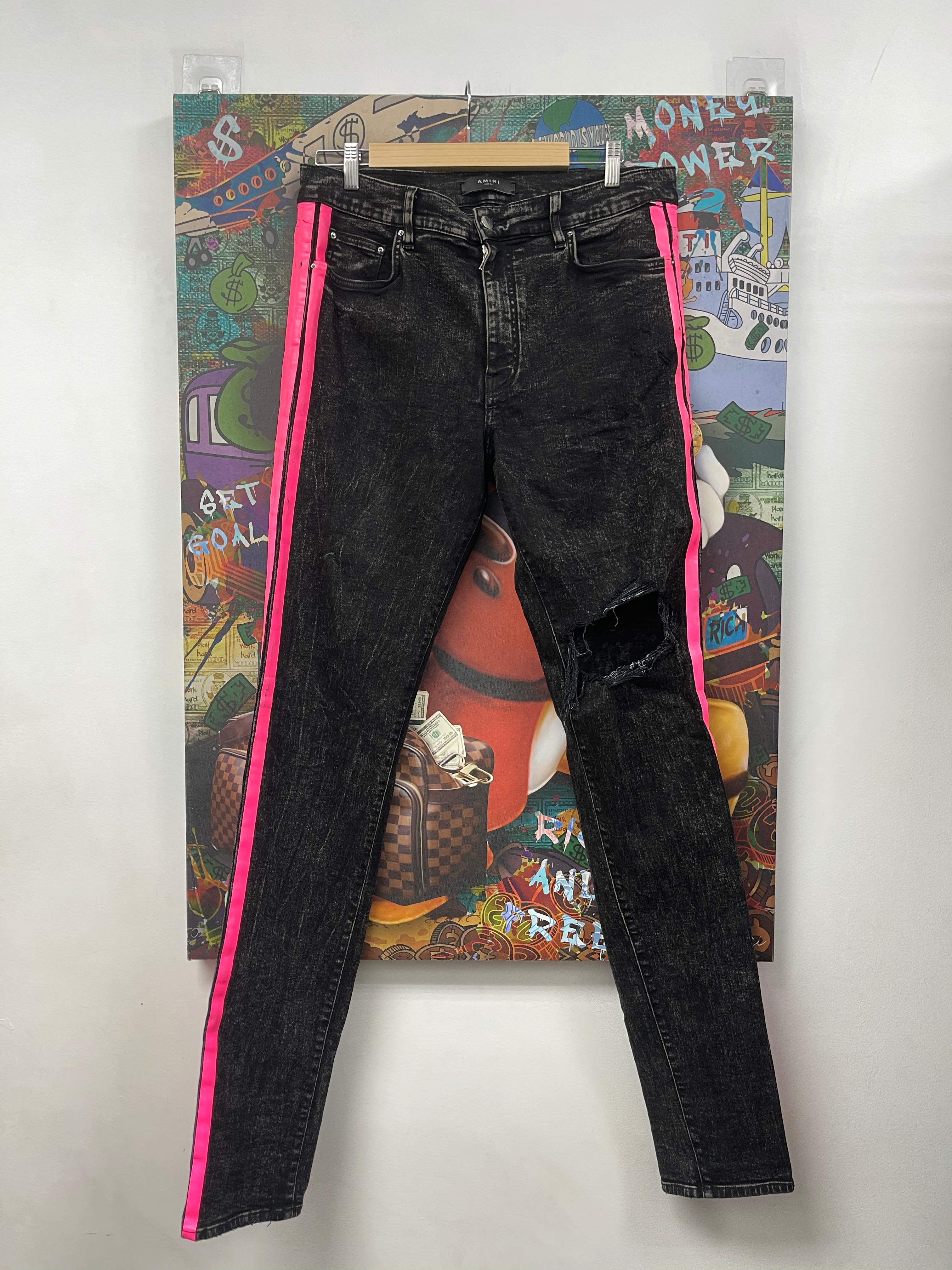 Amiri Faded Black Pink Track Stripe Jeans