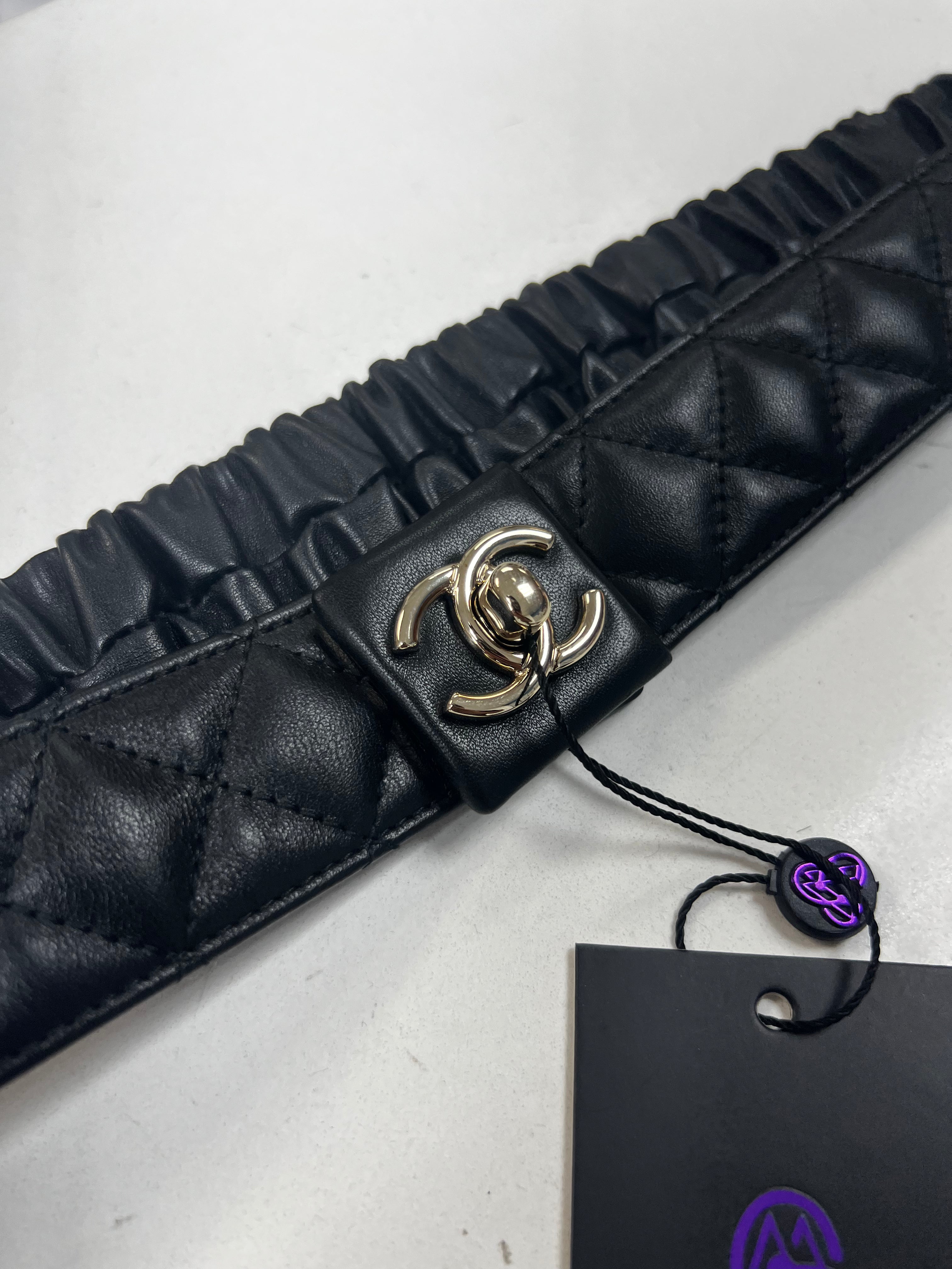 Chanel Black Gold Quilted Leather Elastic Belt
