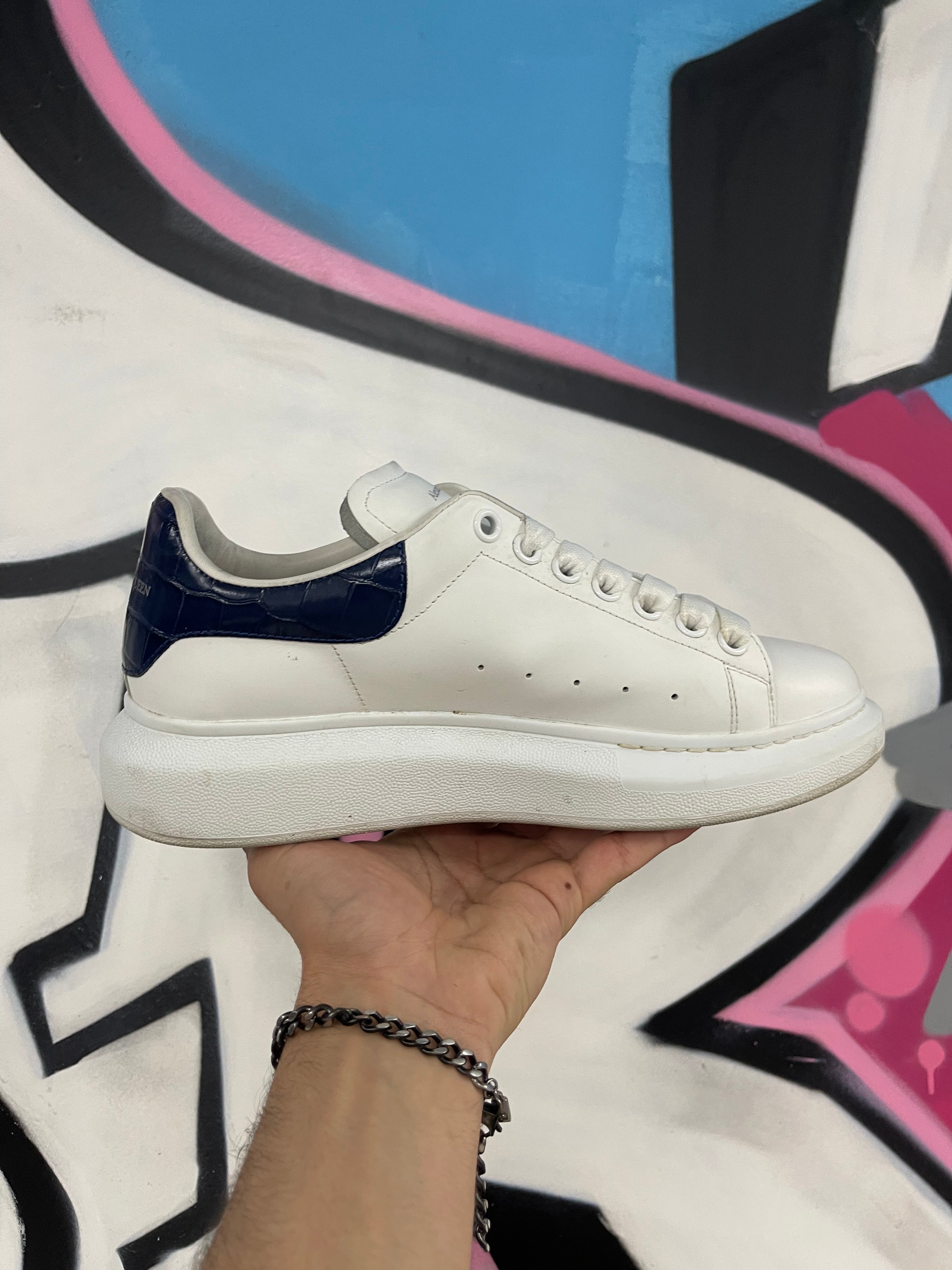 Alexander Mcqueen White Navy Croc Skin Oversized Sneakers