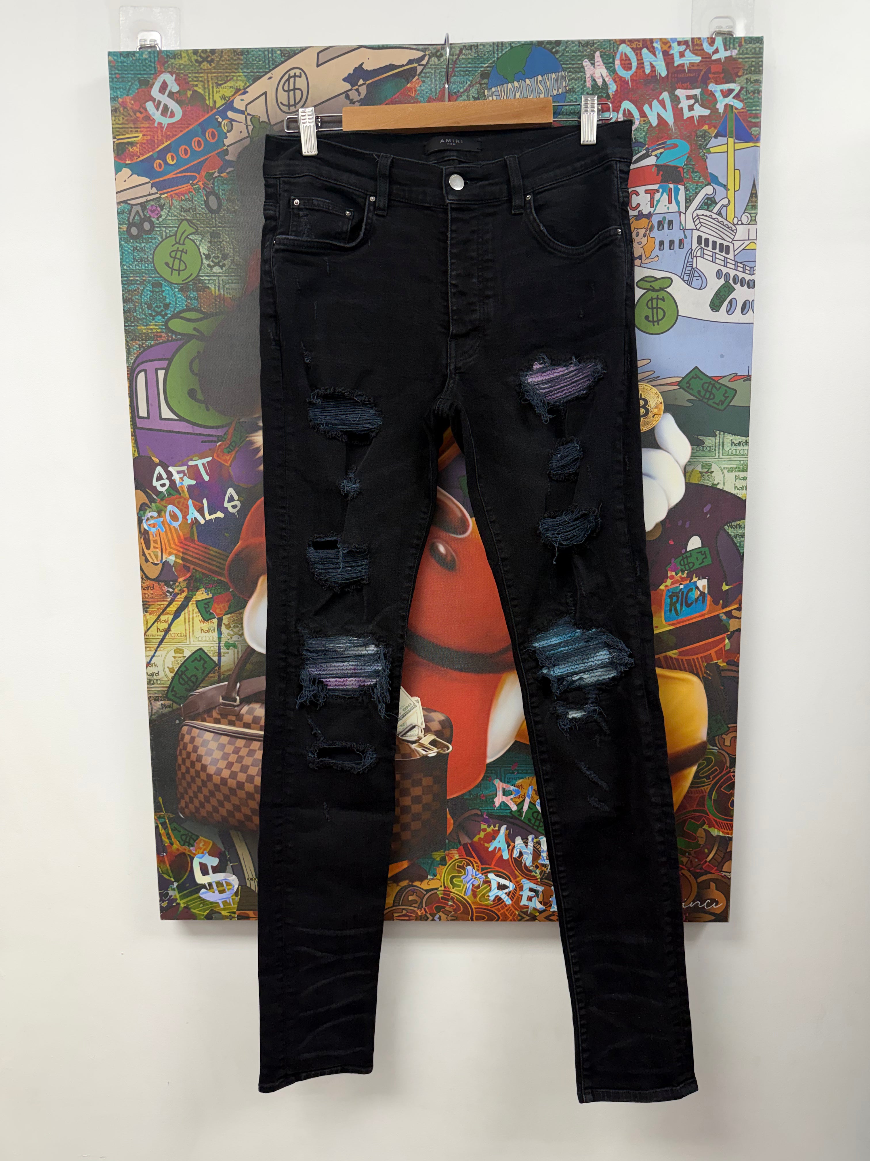Amiri MX1 Black Wash Tie Dye Patch Jeans