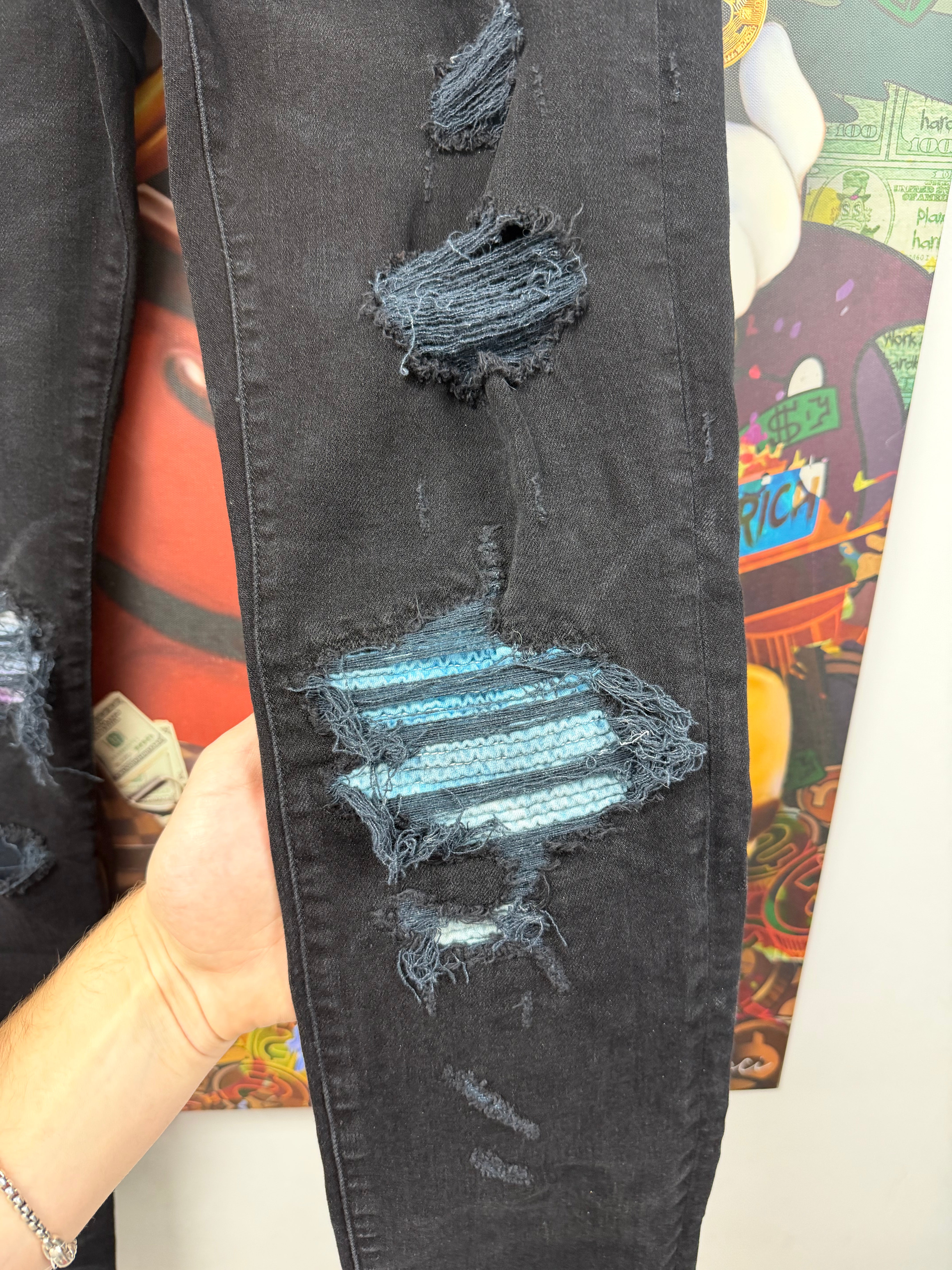 Amiri MX1 Black Wash Tie Dye Patch Jeans