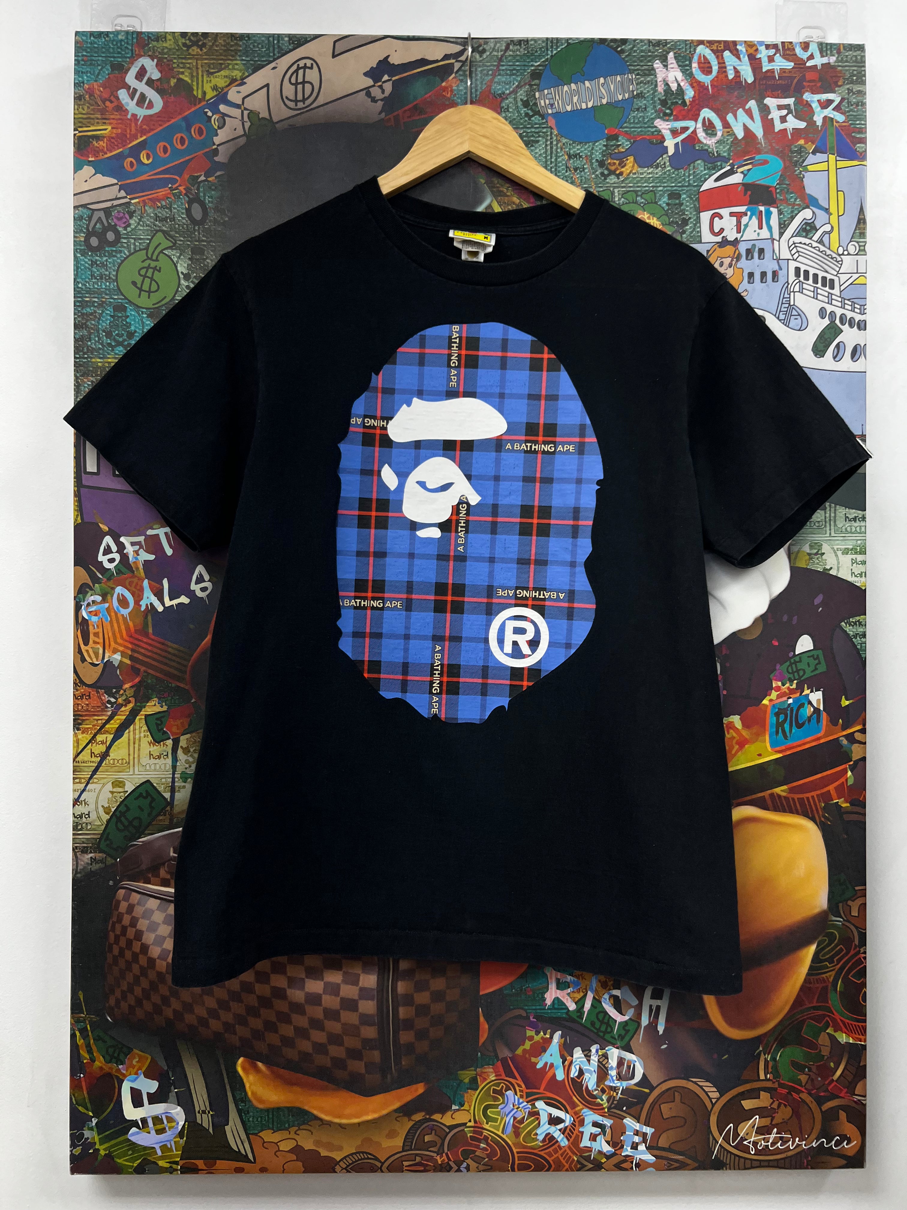 BAPE Black Blue Plaid Head Tee