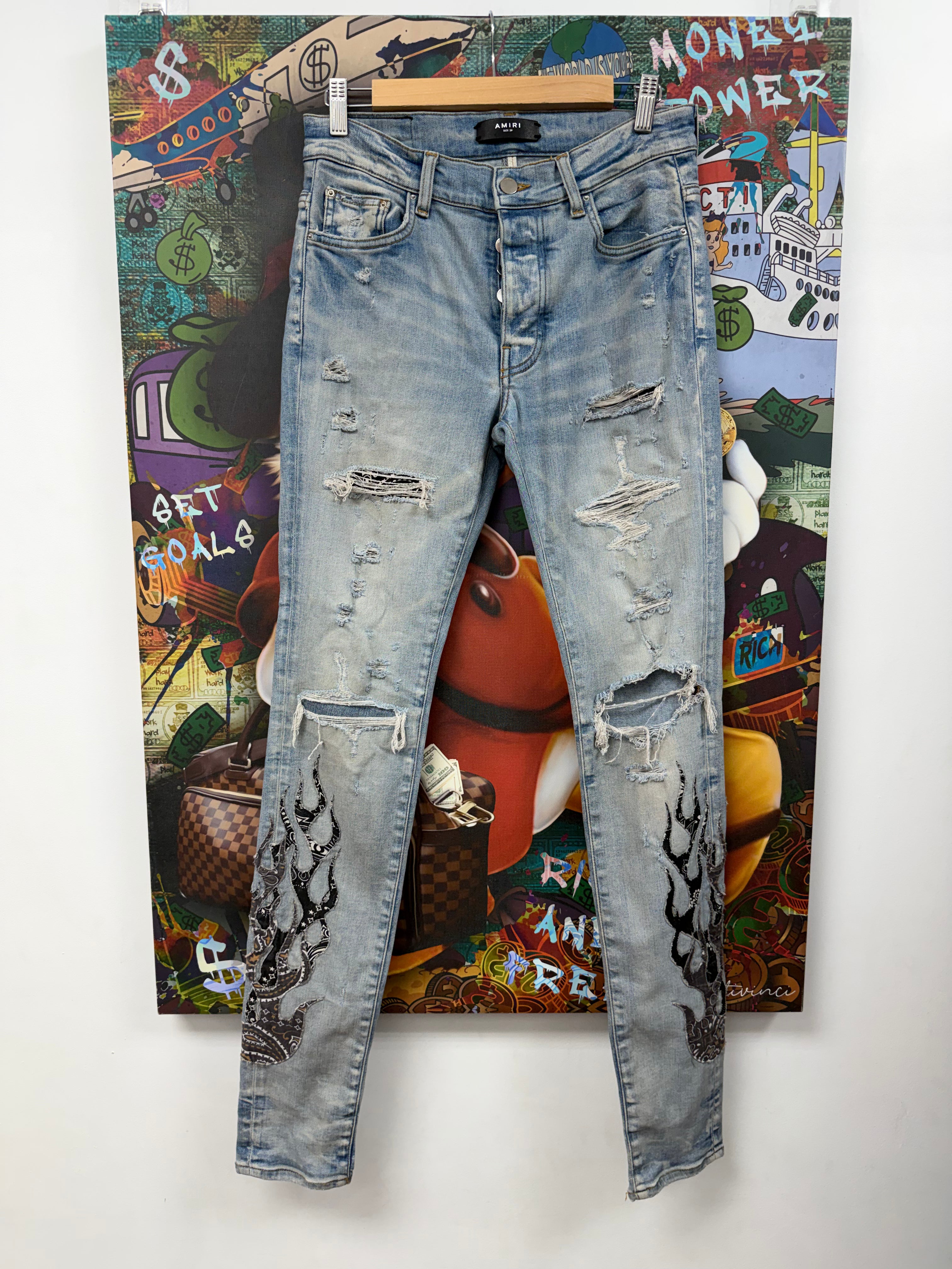 Amiri Light Wash Paisley Flames Jeans