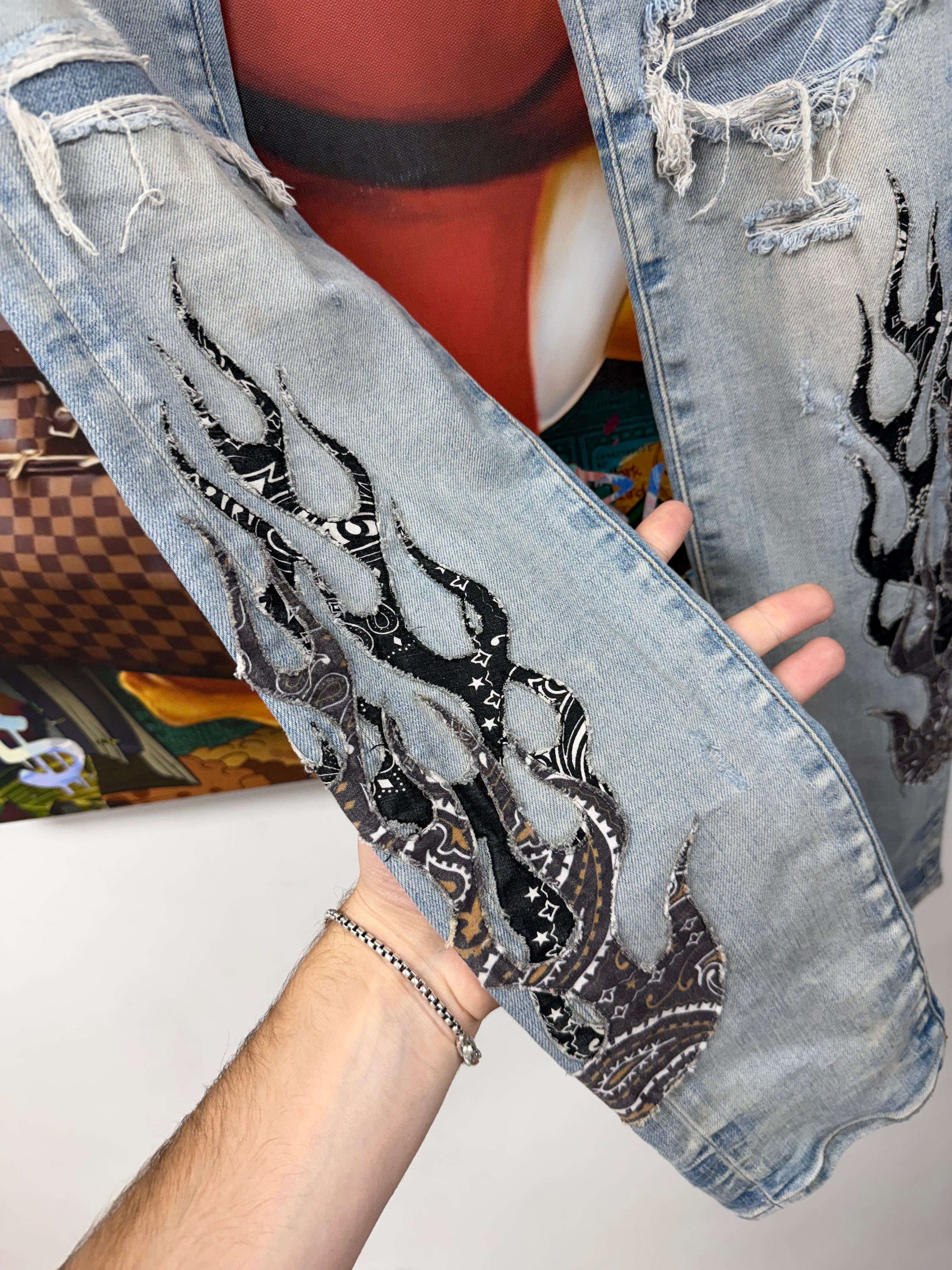 Amiri Light Wash Paisley Flames Jeans