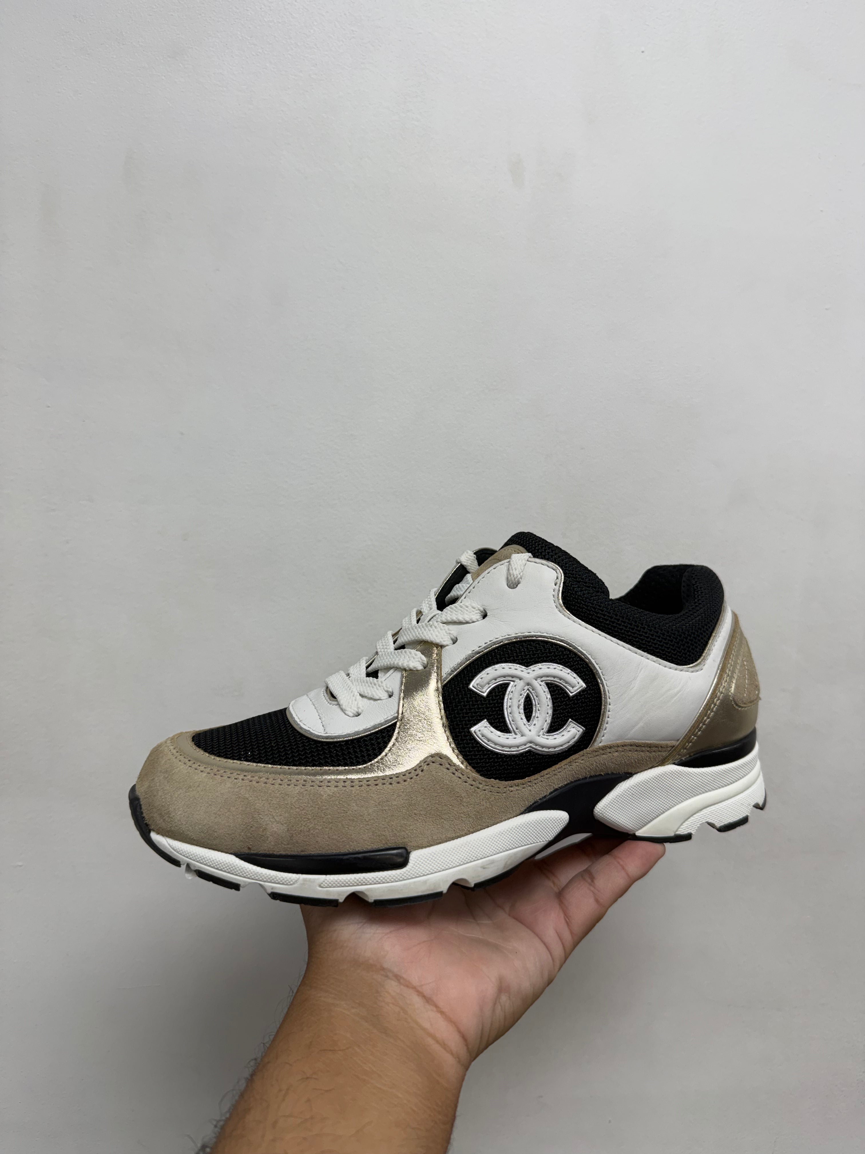 Chanel Beige Gold CC Trainer Sneakers