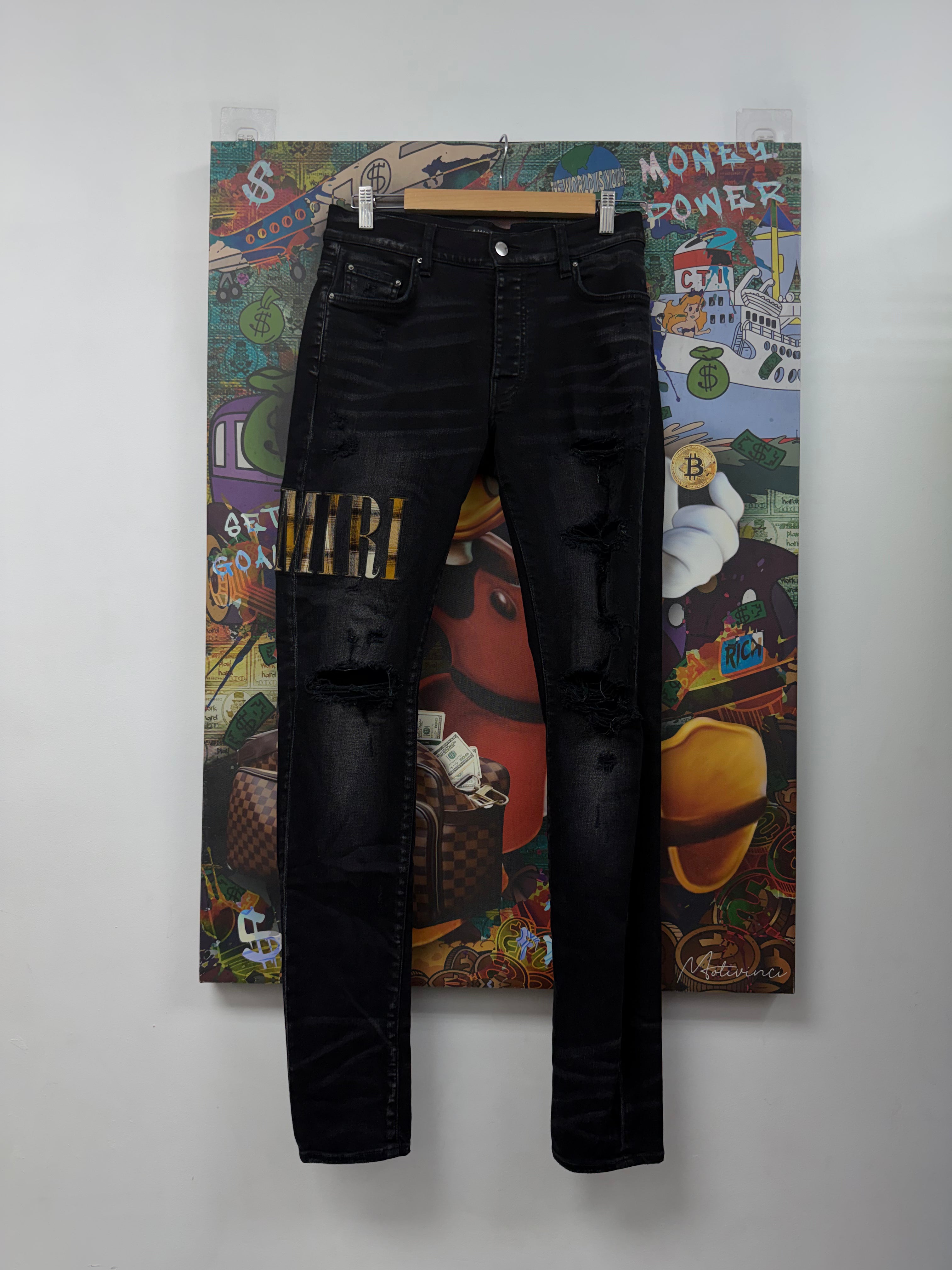 Amiri Black Wash Yellow Plaid Side Logo Jeans