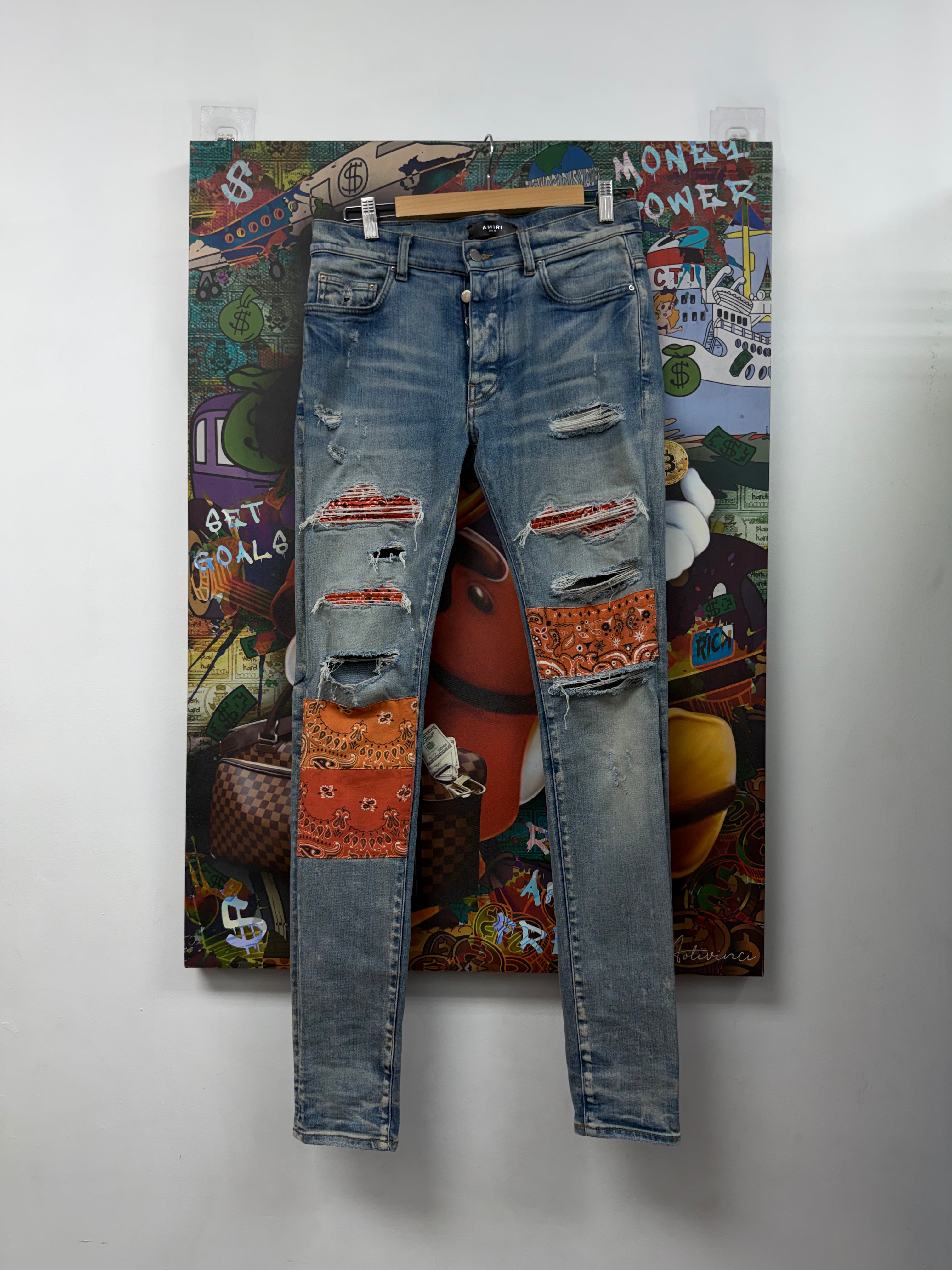 Amiri Light Wash Orange Paisley Patchwork Jeans