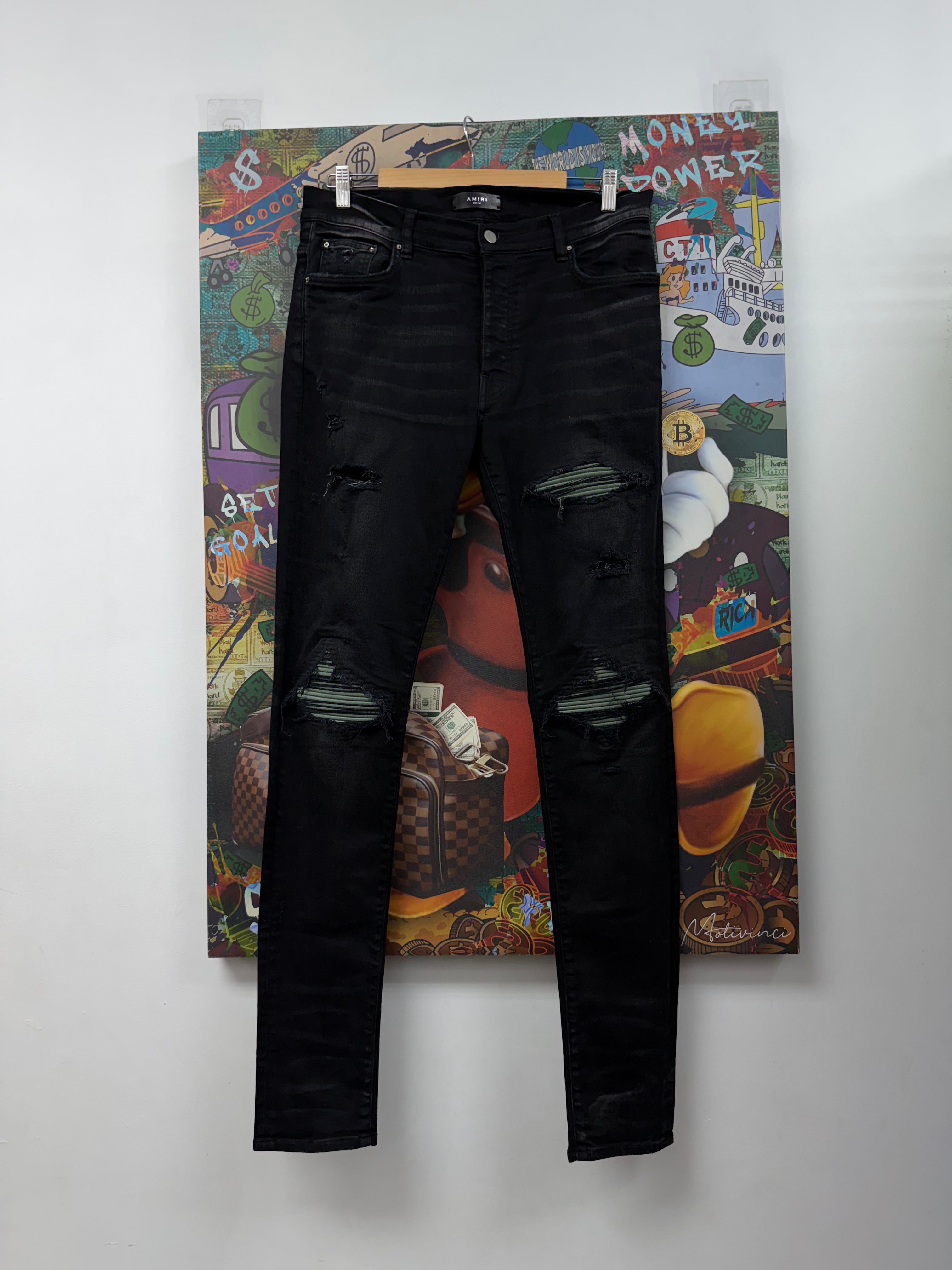 Amiri MX1 Black Wash Olive Patch Jeans