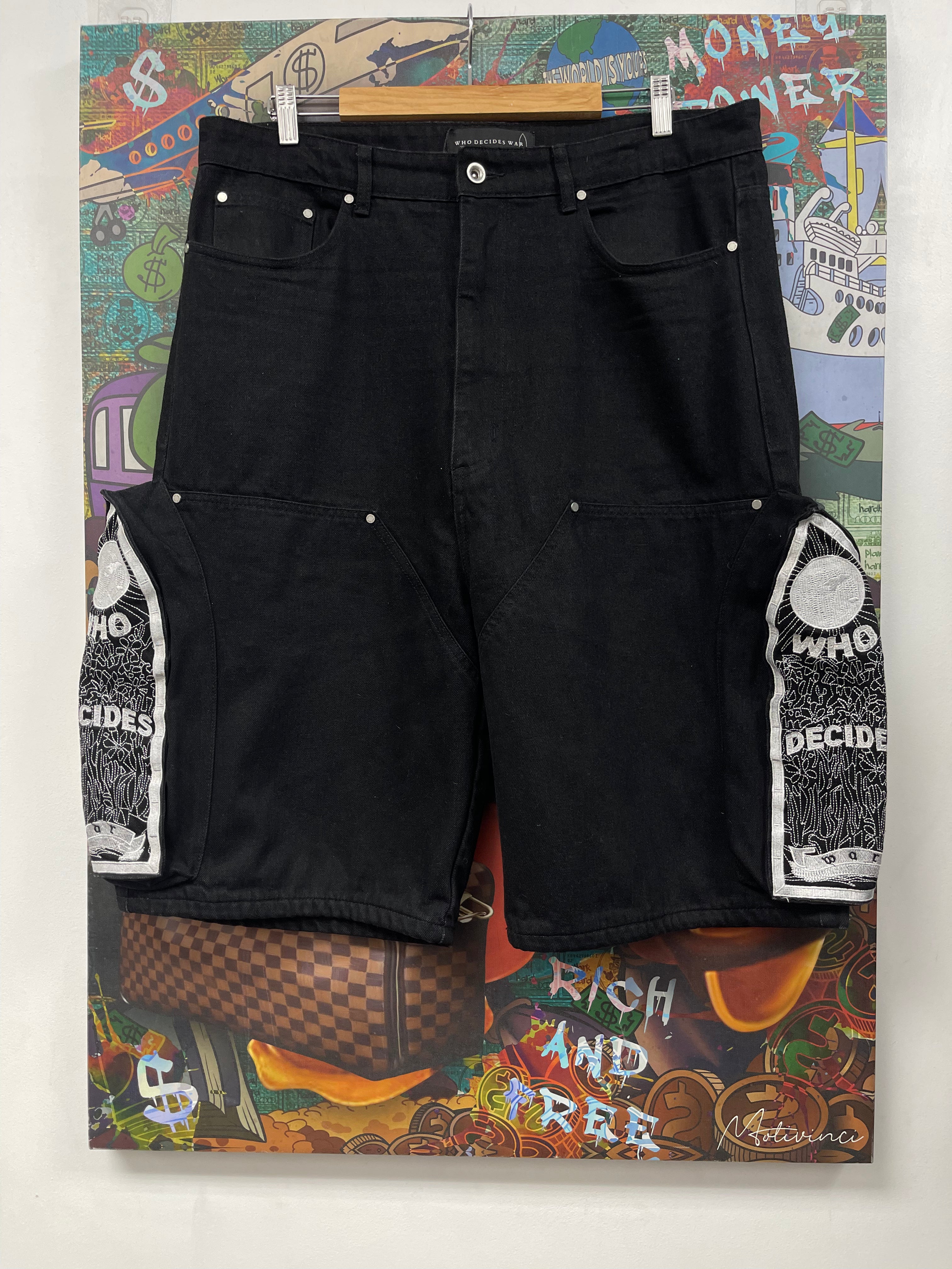 Who Decides War Black White Arc Cargo Jean Shorts