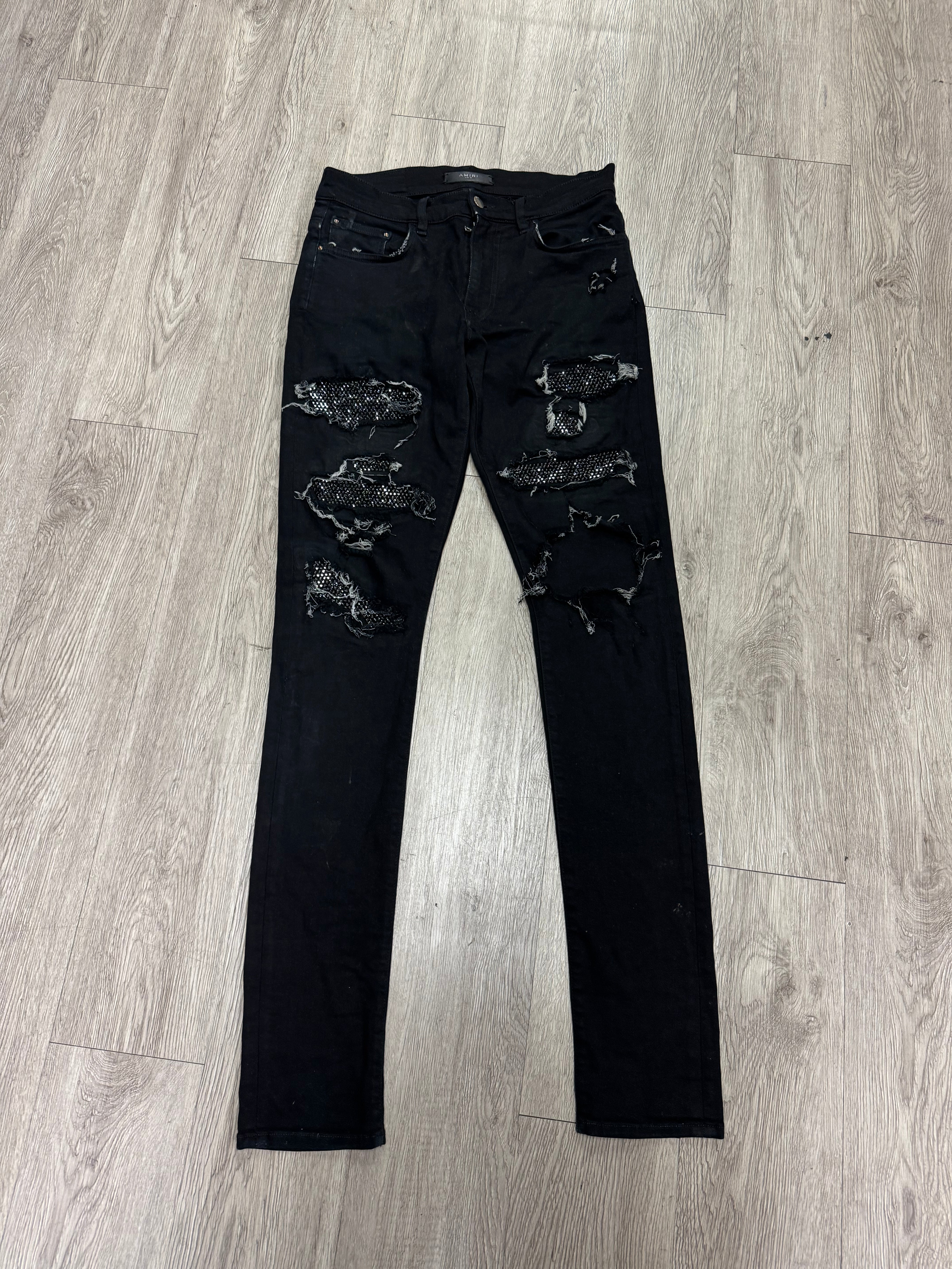 Amiri Black Swarovski Thrasher Patch Jeans