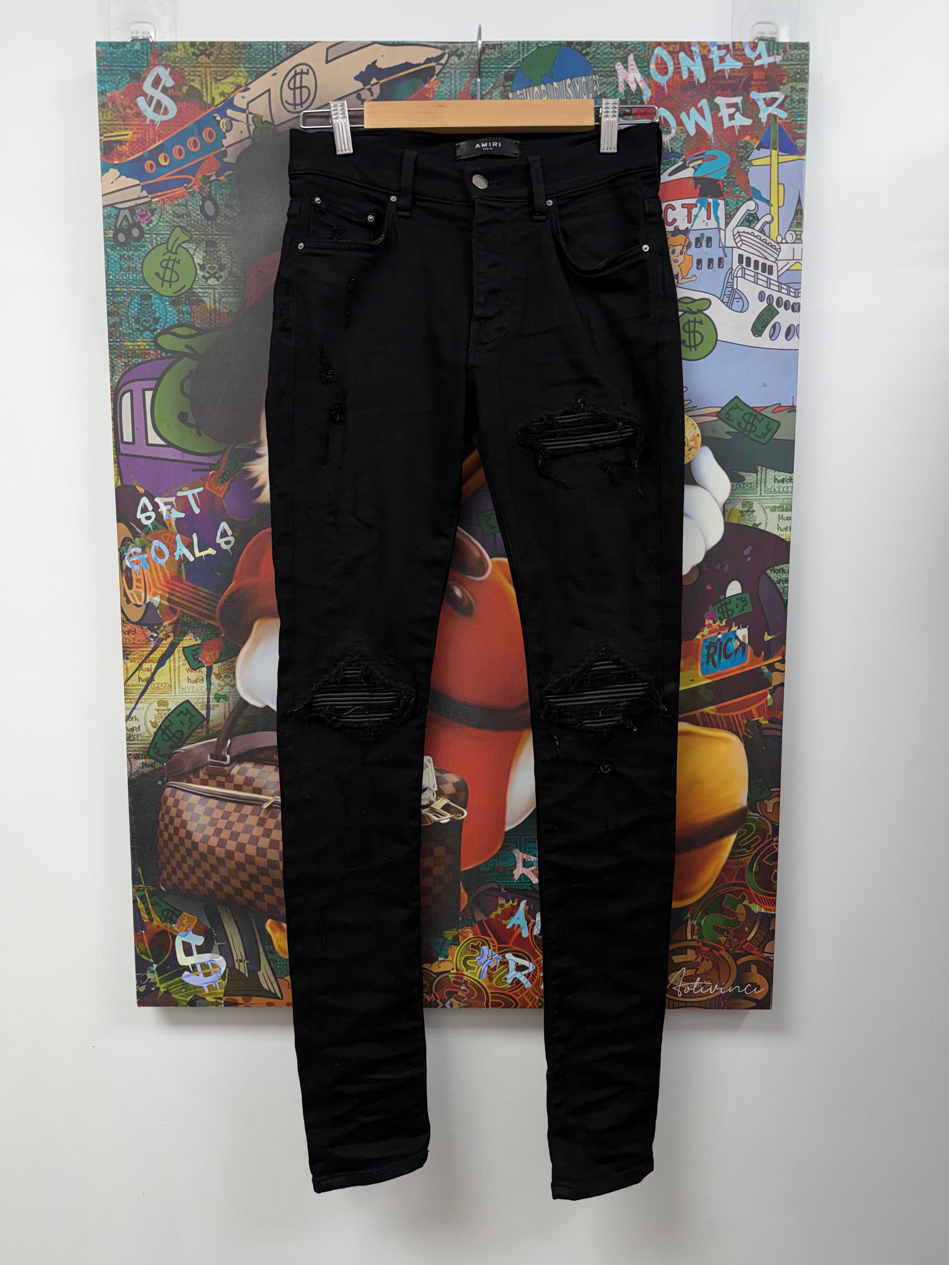 Amiri MX1 Black Black Leather Patch Jeans
