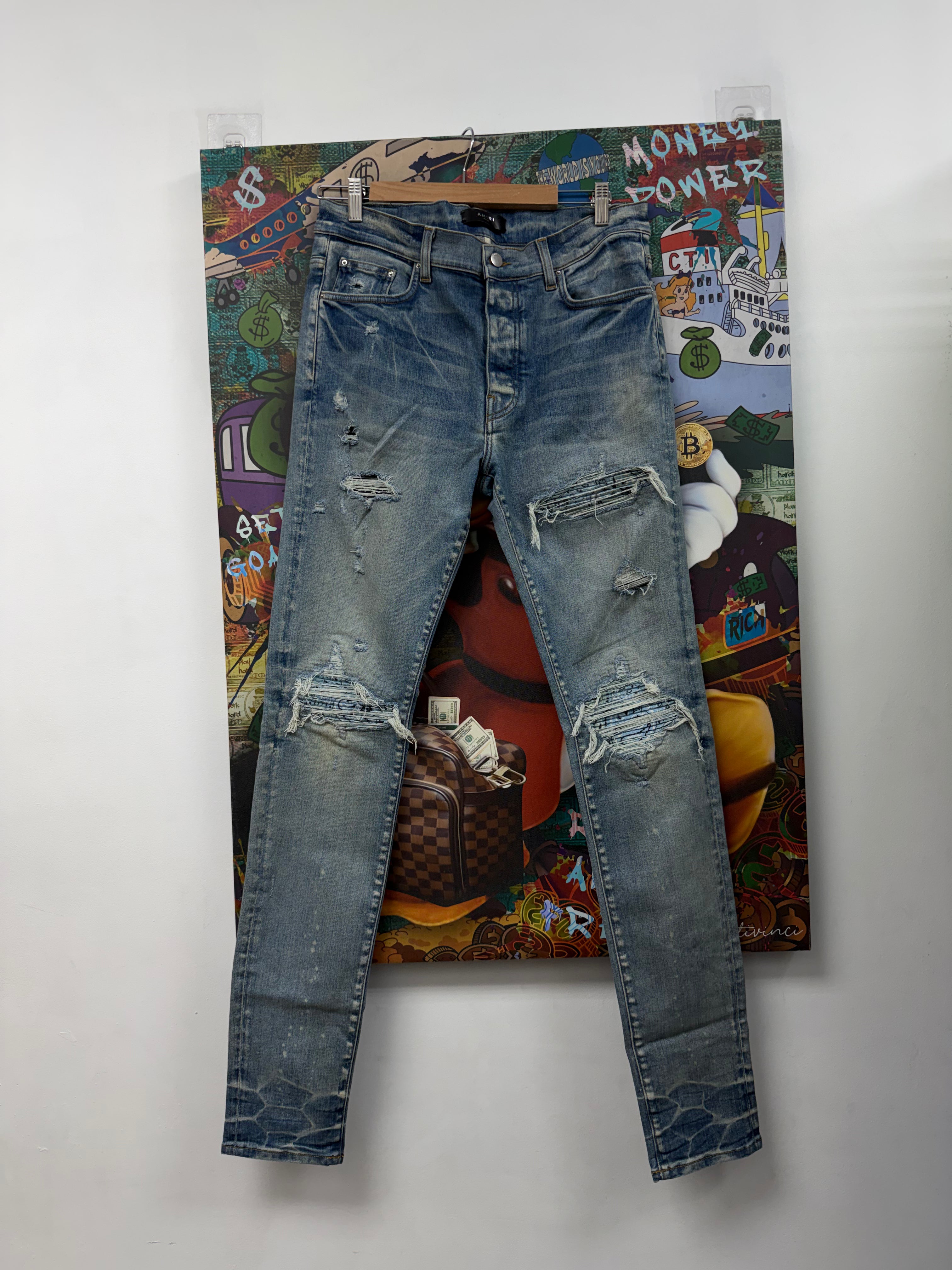 Amiri MX1 Light Wash Baby Blue Paisley Patch Jeans