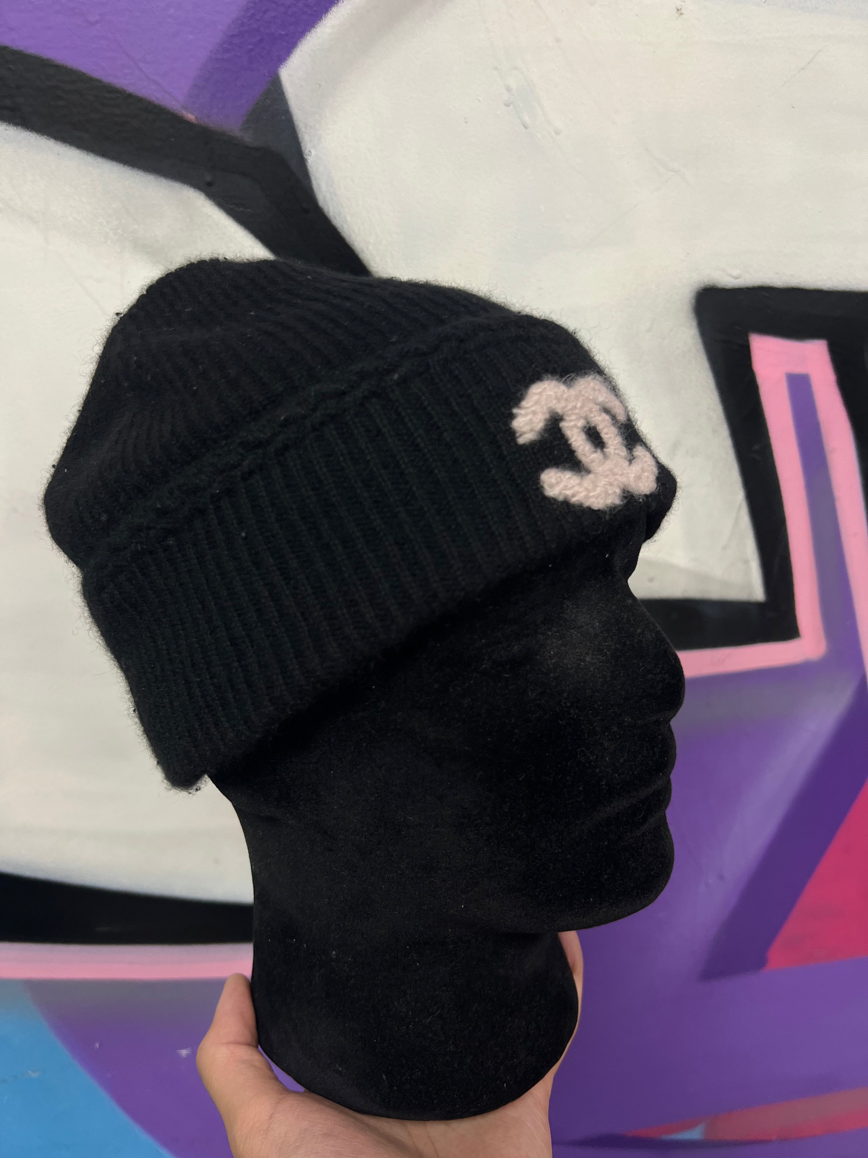 Chanel Black Cream CC Beanie