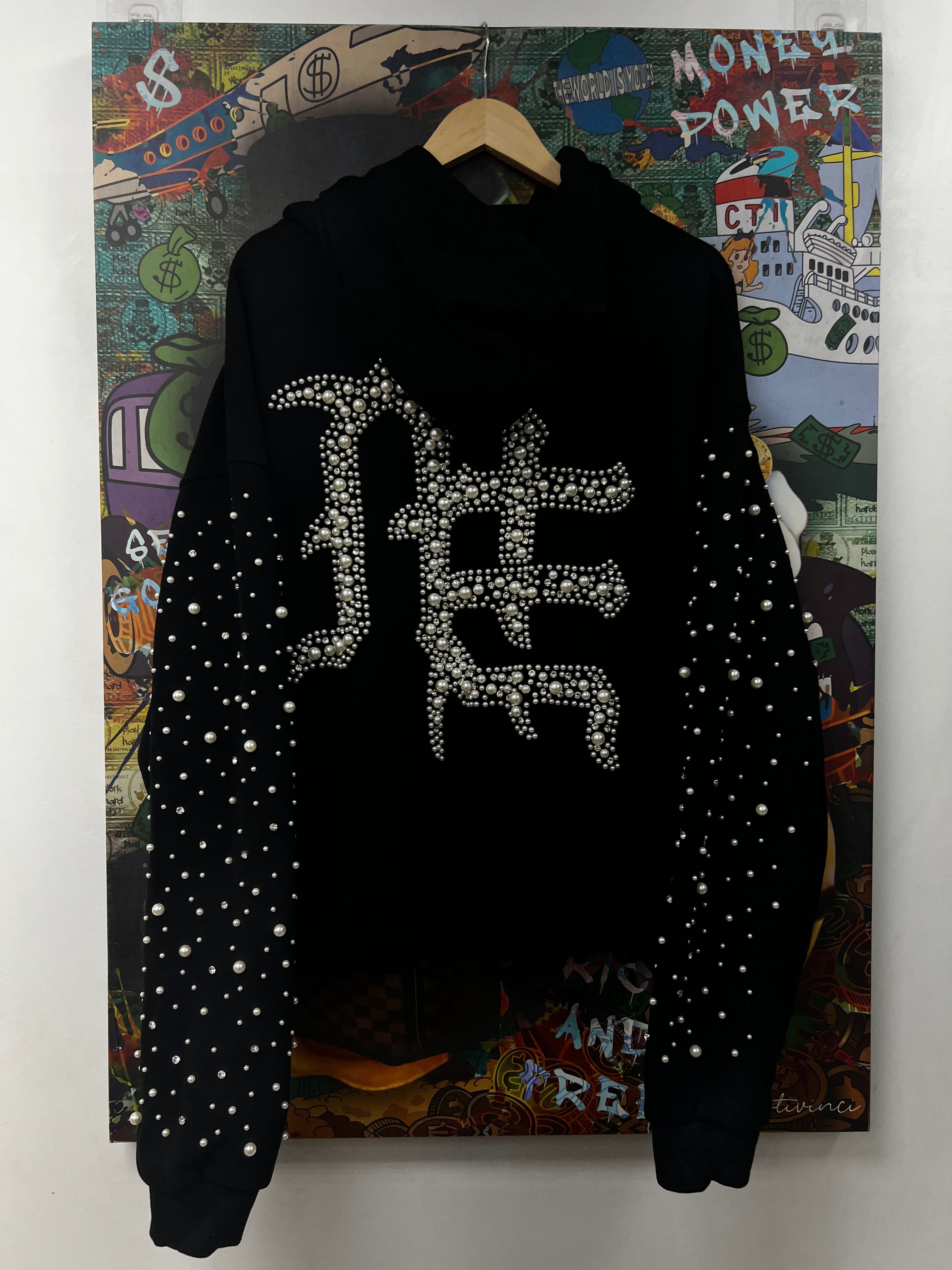 Mixed Emotion Black Pearl Rhienstone Hoodie
