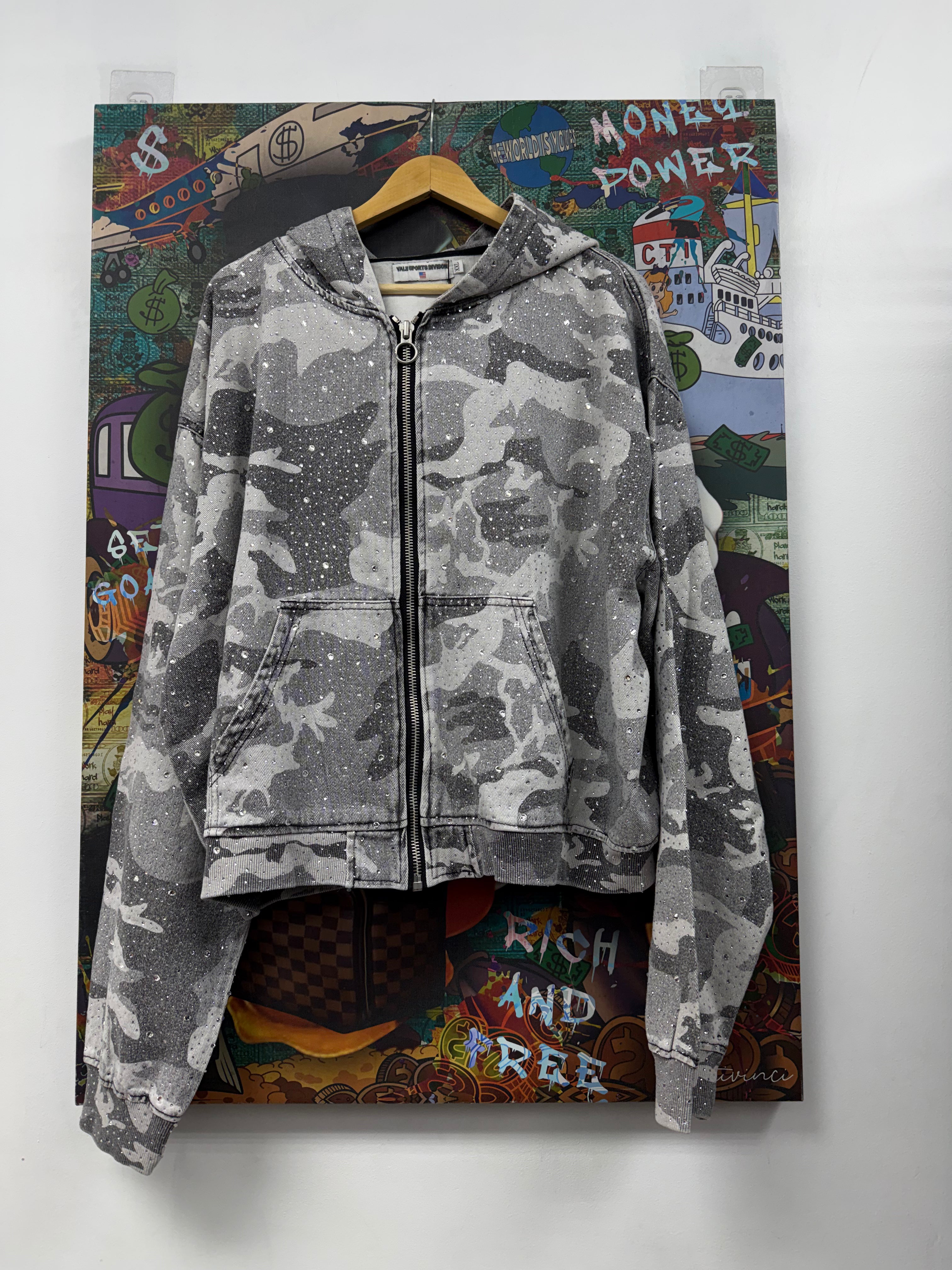 Vale Grey Camo Rhinestone Work Denim Jacket