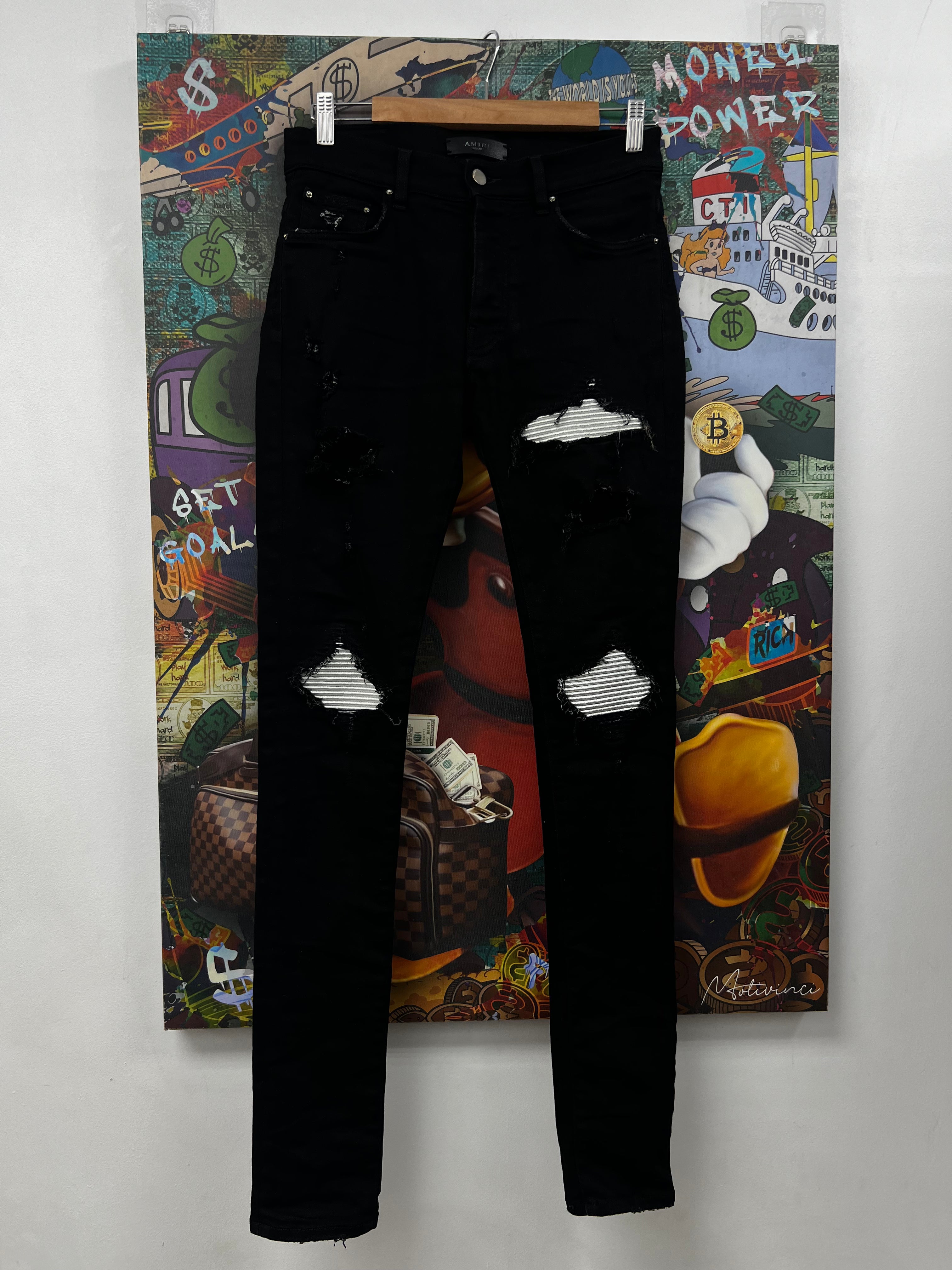 Amiri Mx1 Black Silver Patch Jeans