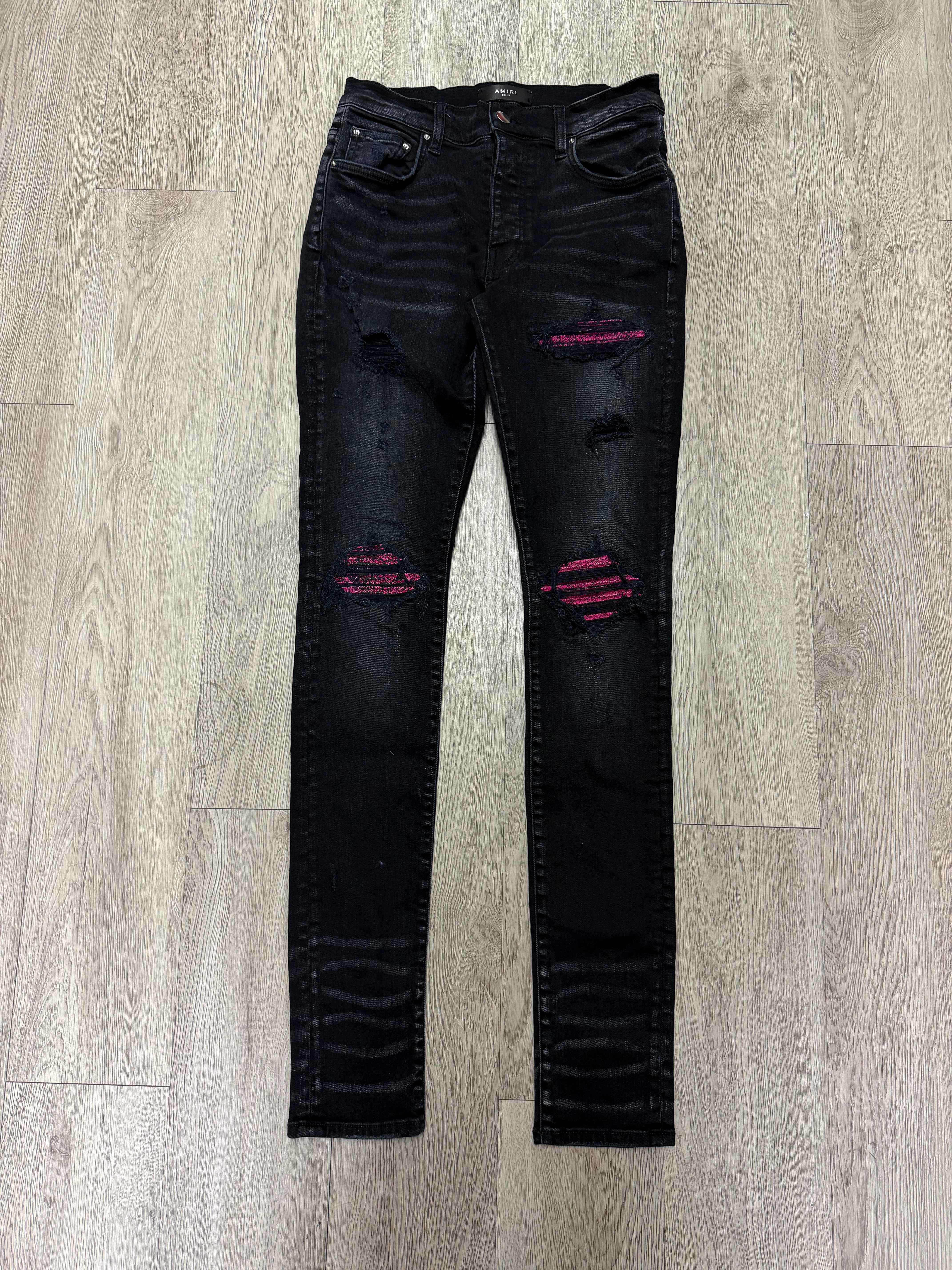 Amiri MX1 Black Pink Crackle Patch Jeans
