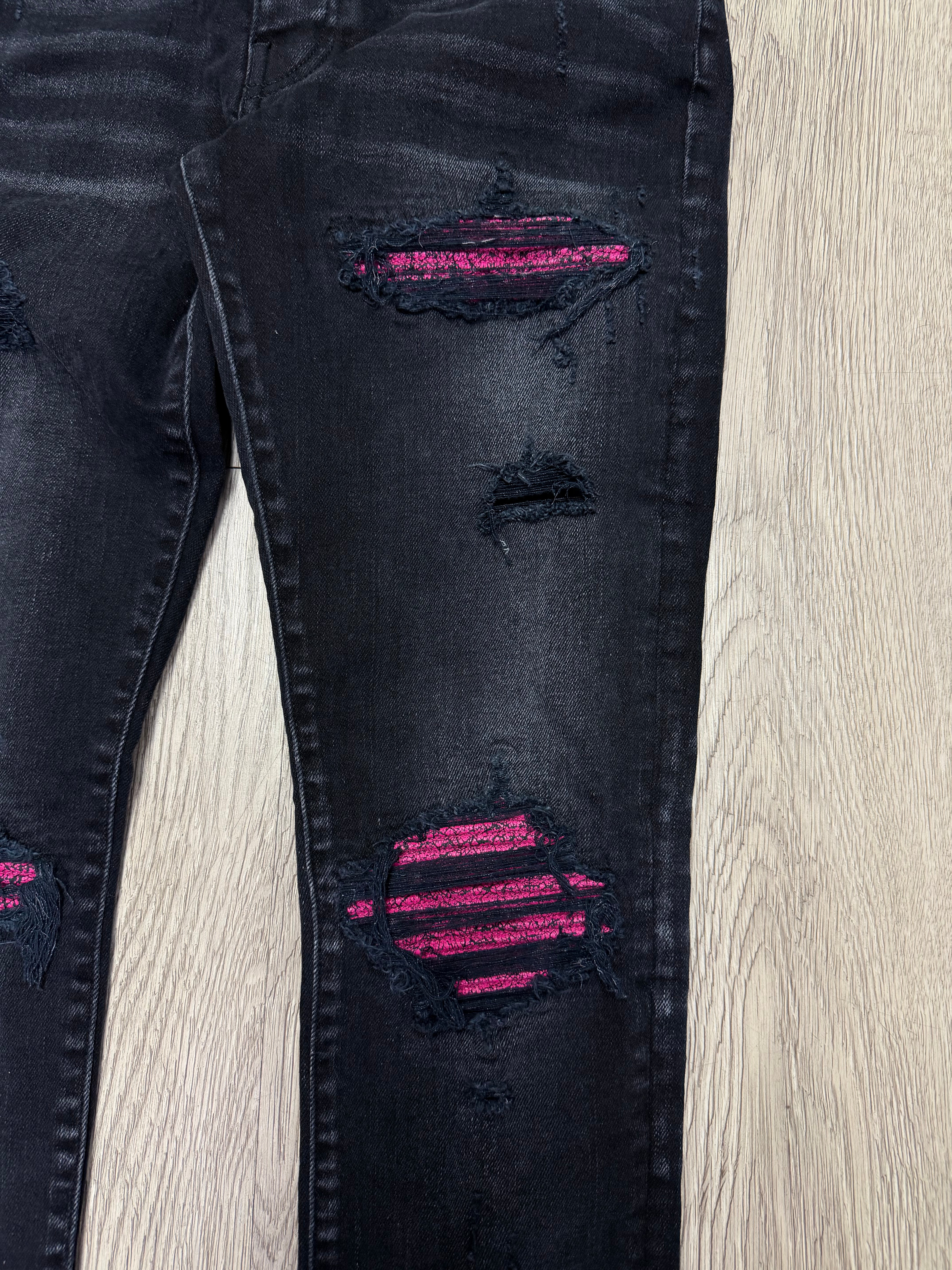 Amiri MX1 Black Pink Crackle Patch Jeans