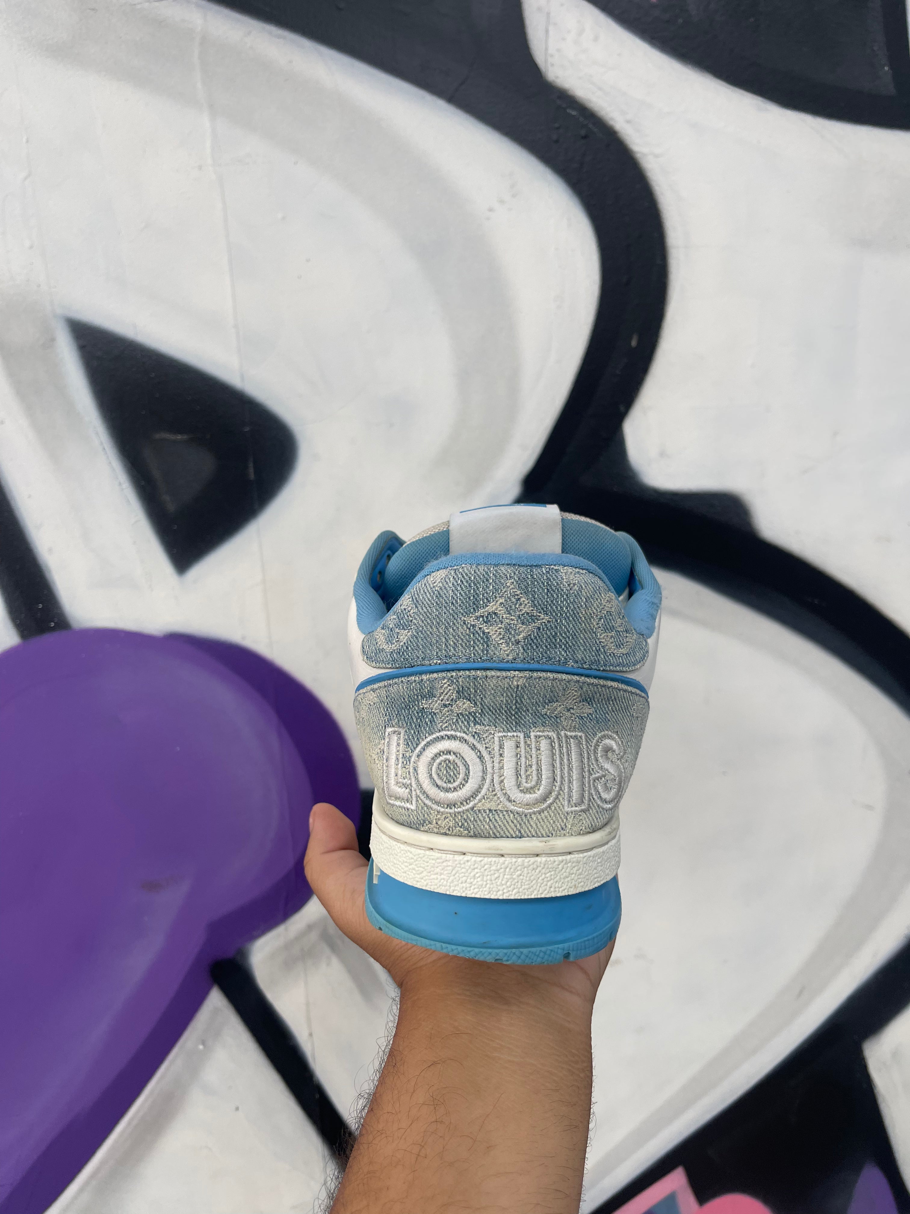Louis Vuitton Baby Blue Denim Monogram Strap Trainer Sneakers