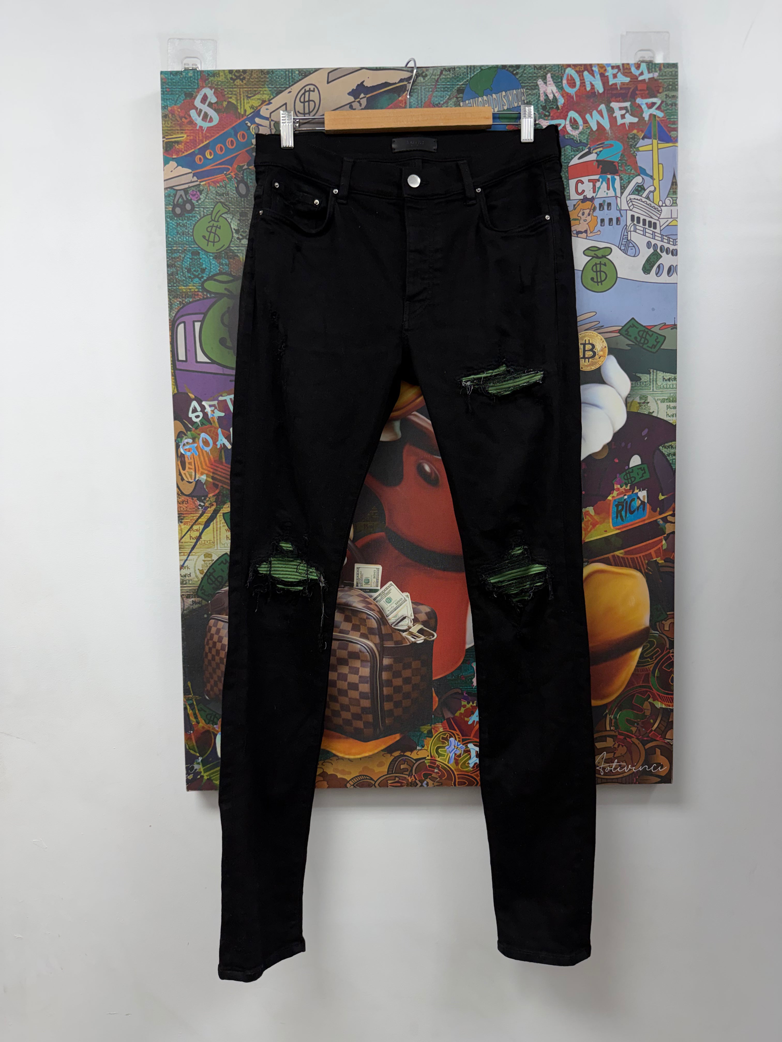 Amiri MX1 Black Slime Green Patch Jeans