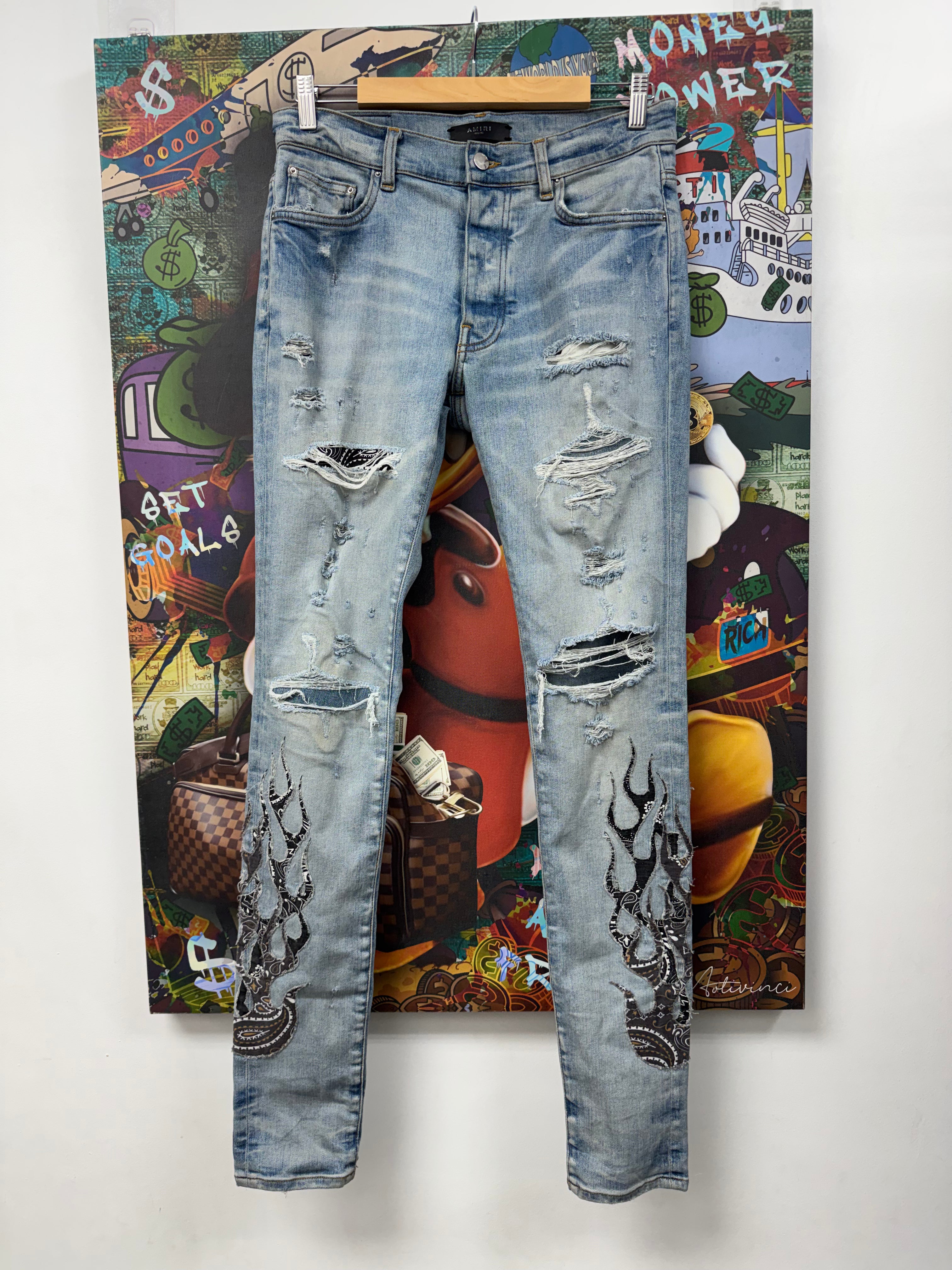 Amiri Light Wash Paisley Flames Jeans