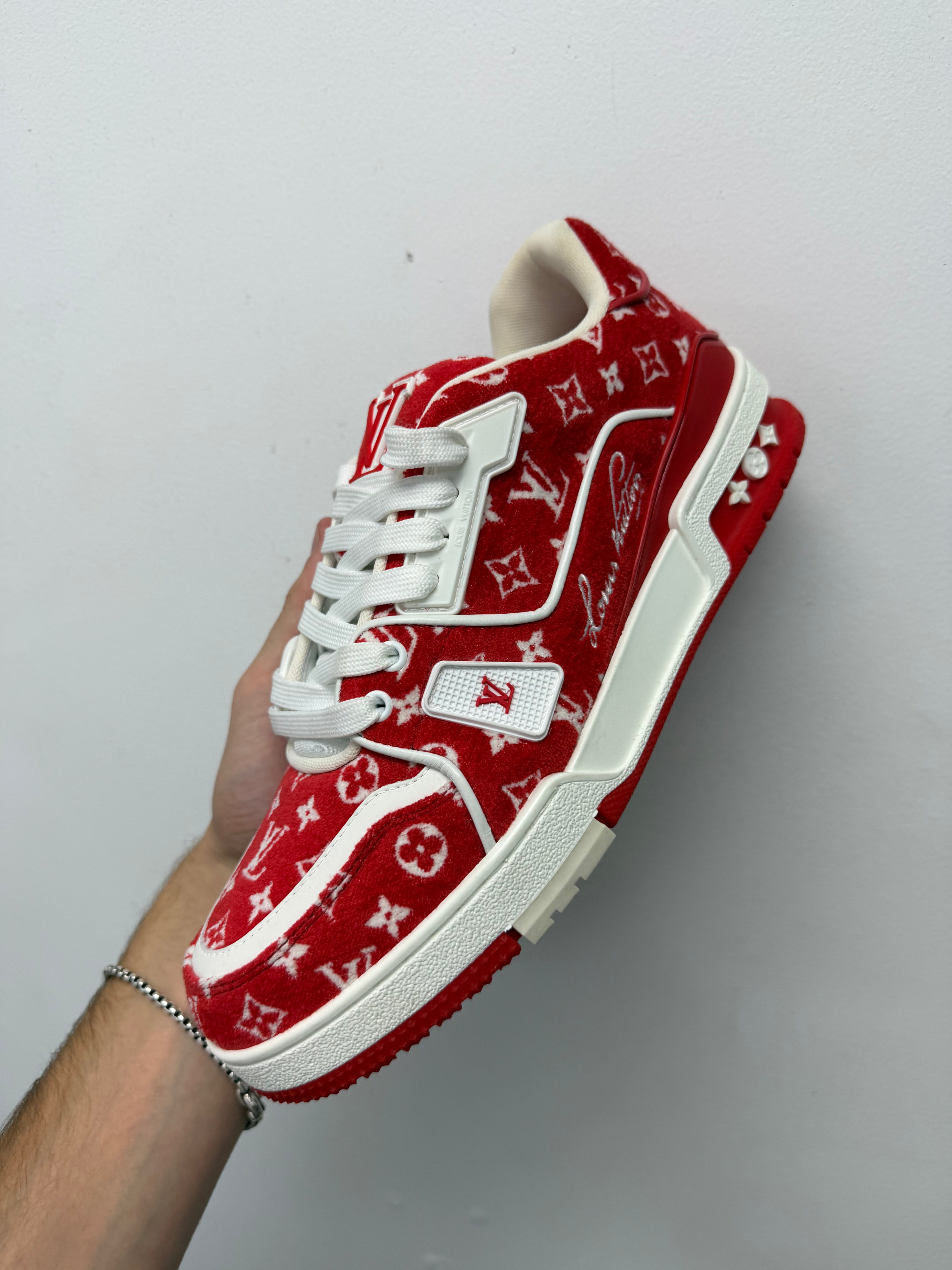 Louis Vuitton Red White Monogram Fur Trainer Sneakers