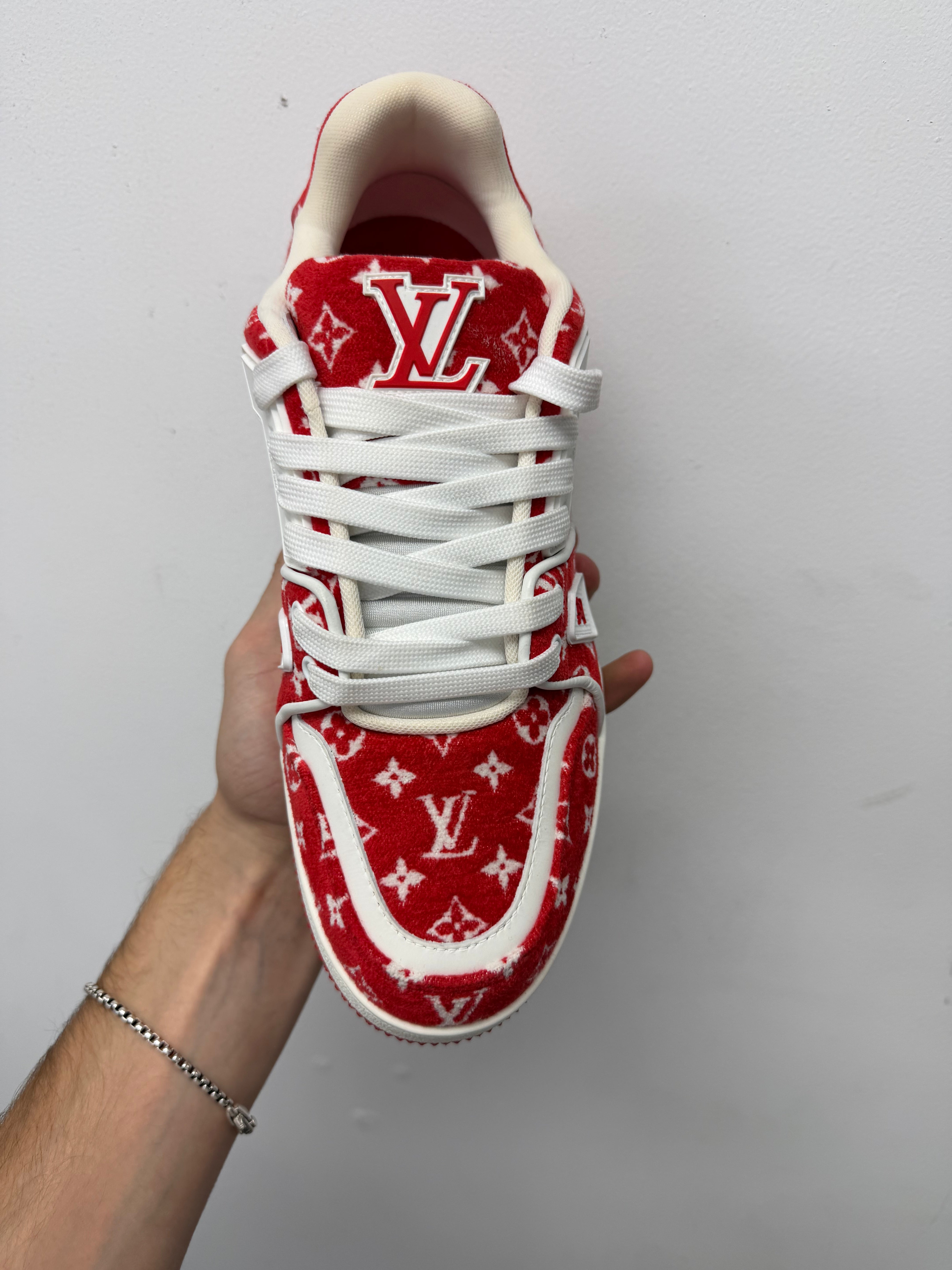 Louis Vuitton Red White Monogram Fur Trainer Sneakers