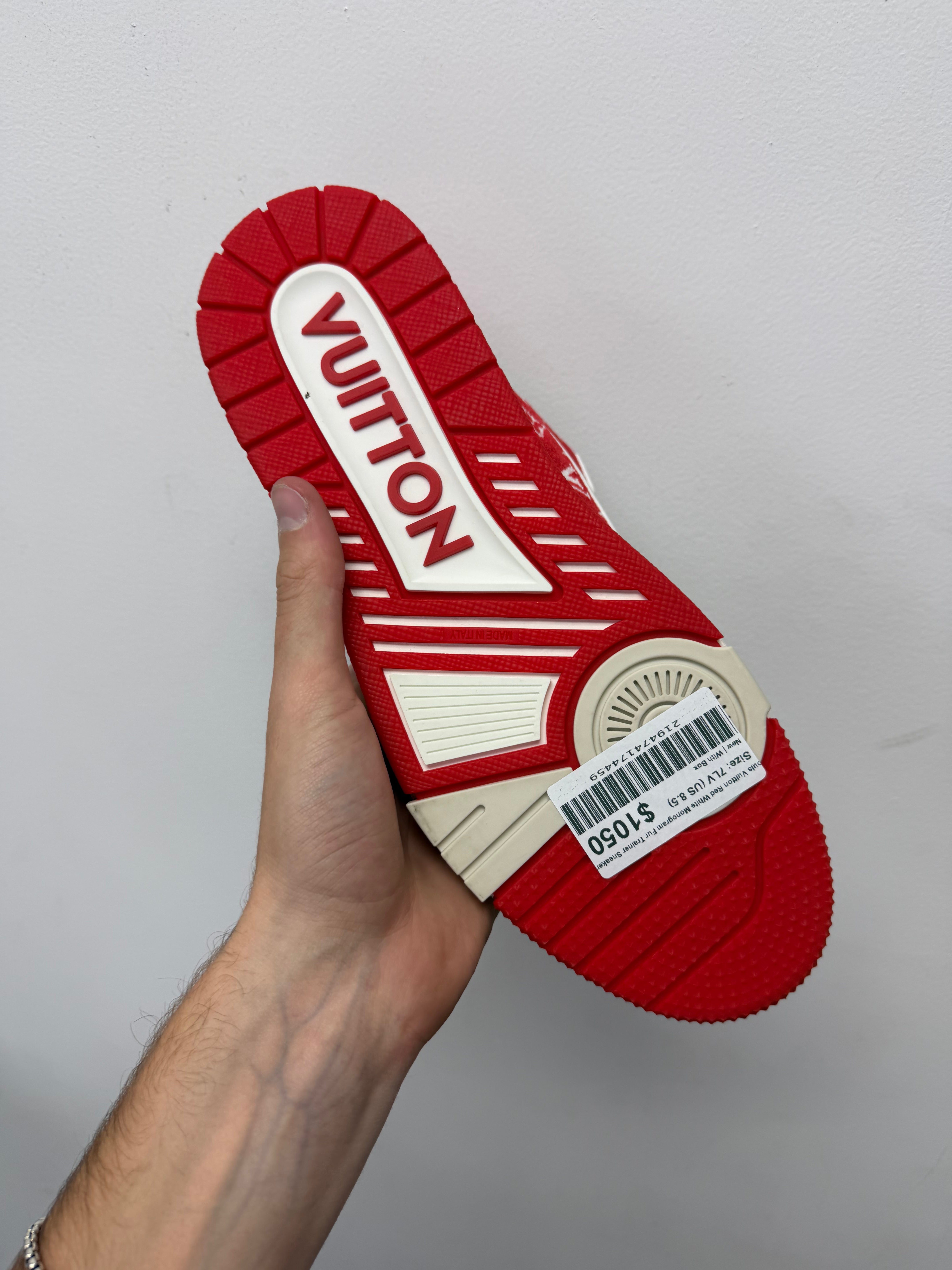 Louis Vuitton Red White Monogram Fur Trainer Sneakers