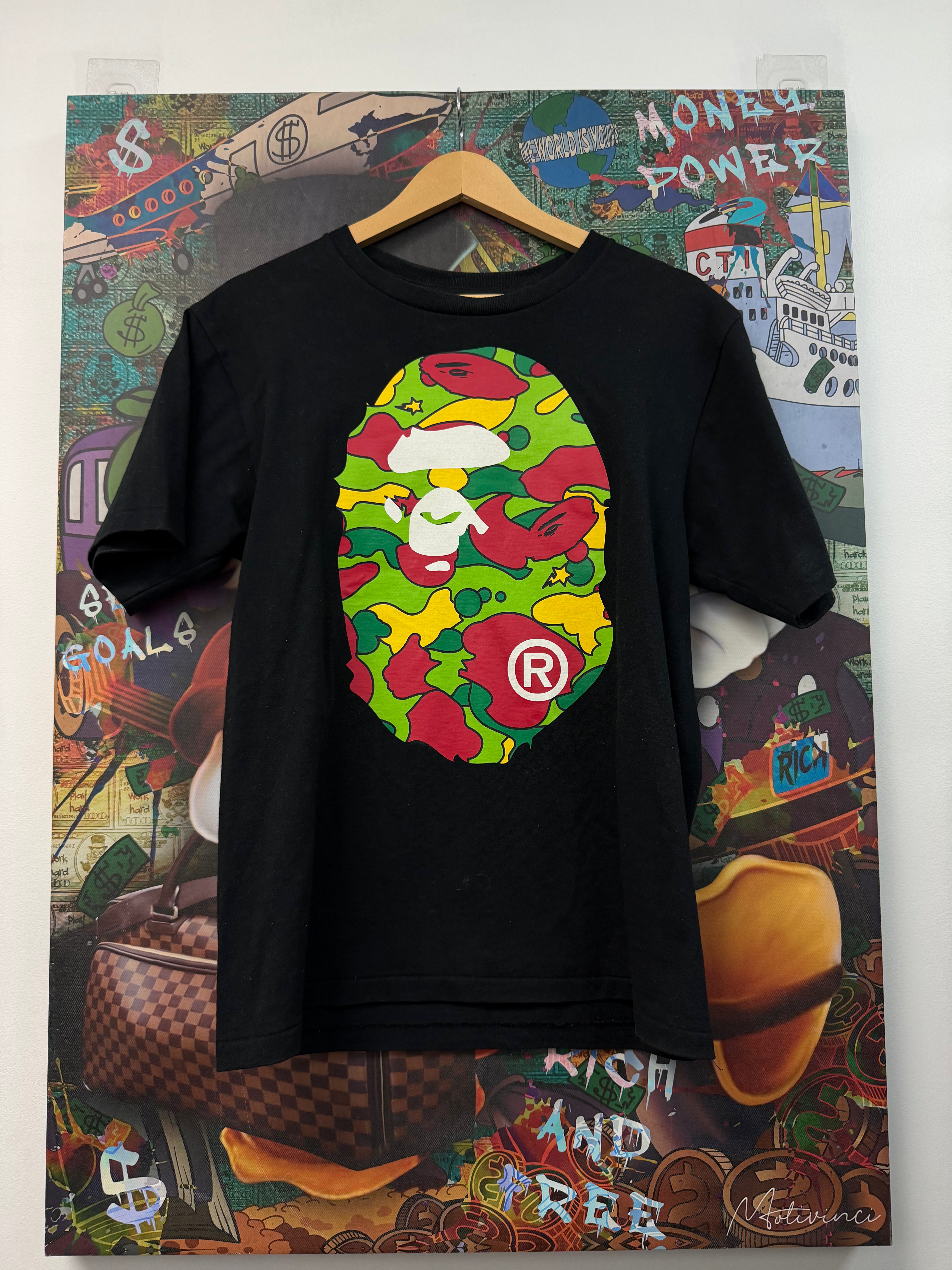 Bape Black Green Red Yellow Camo Ape Logo Tee