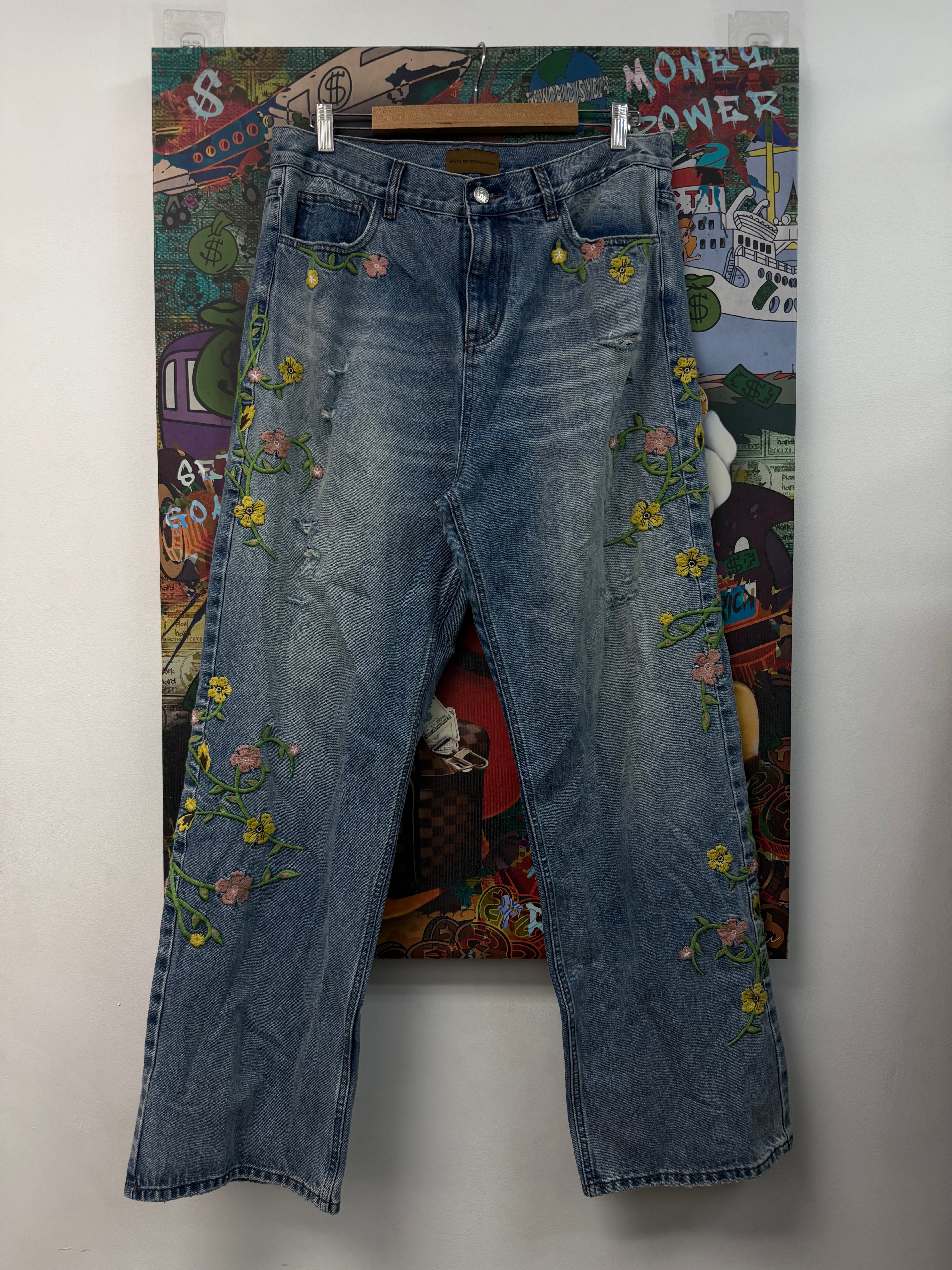 Birth Of A Royal Child Majestic Floral Distressed Jeans