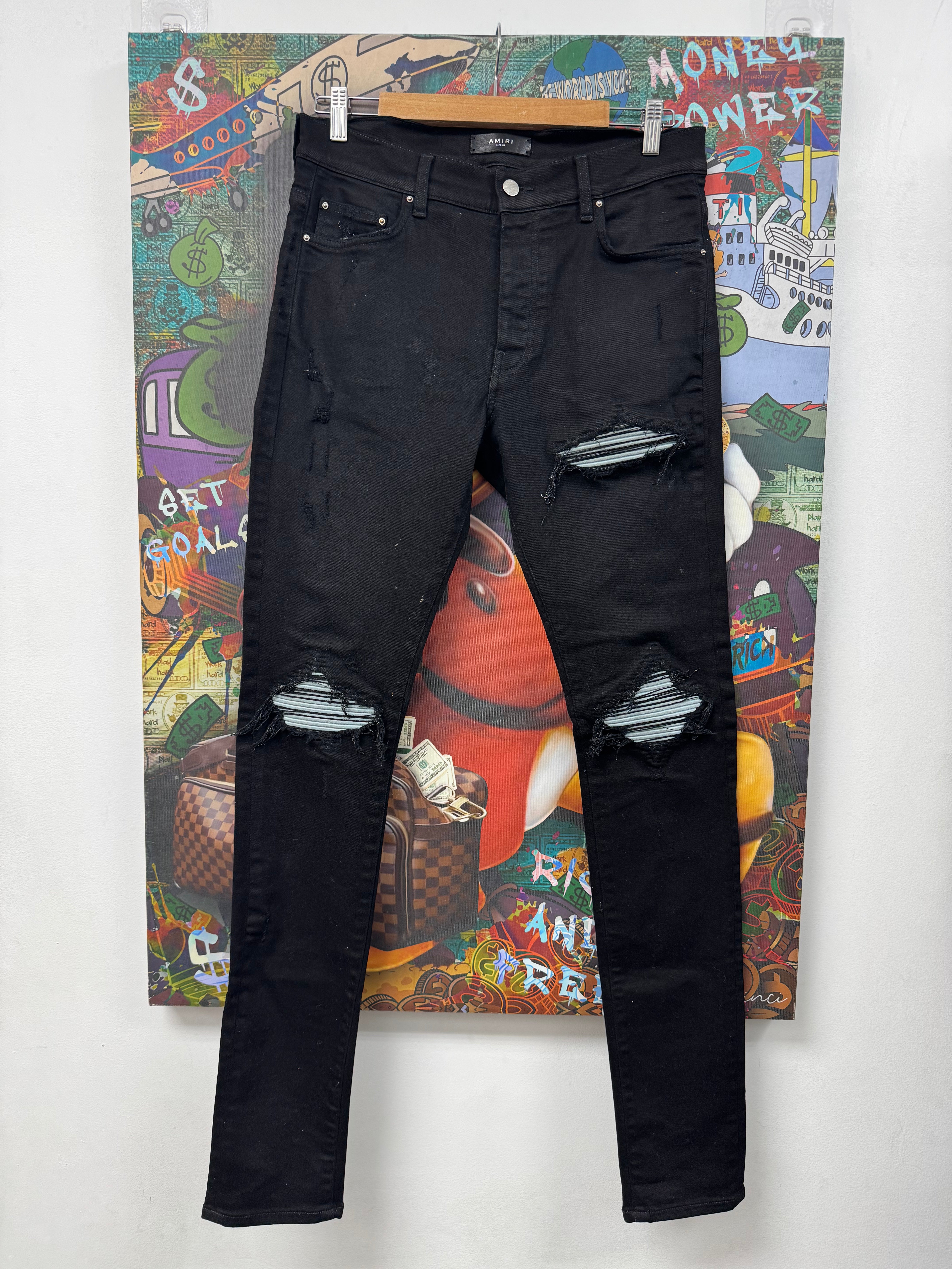 Amiri MX1 Black Baby Blue Suede Patch Jeans
