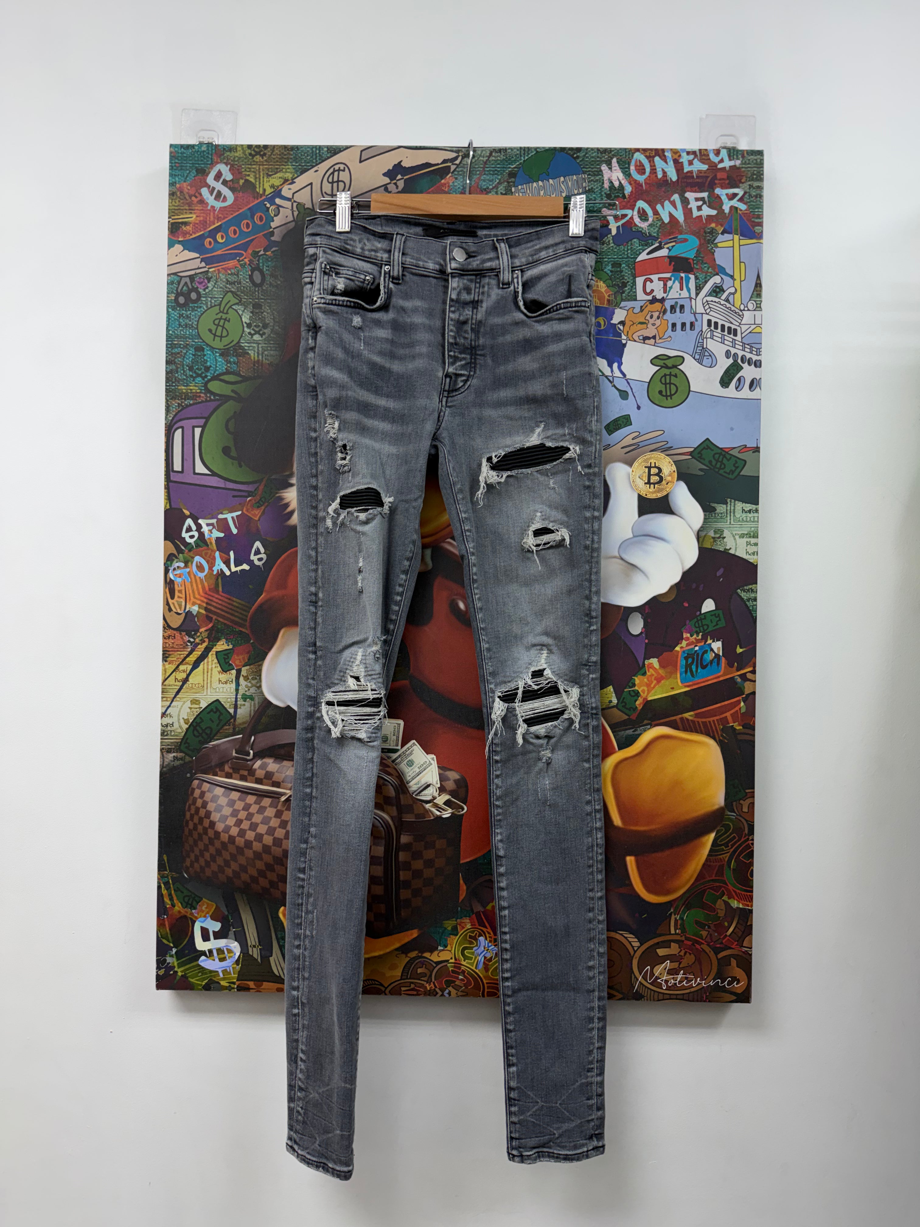 Amiri MX1 Grey Black Leather Patch Jeans